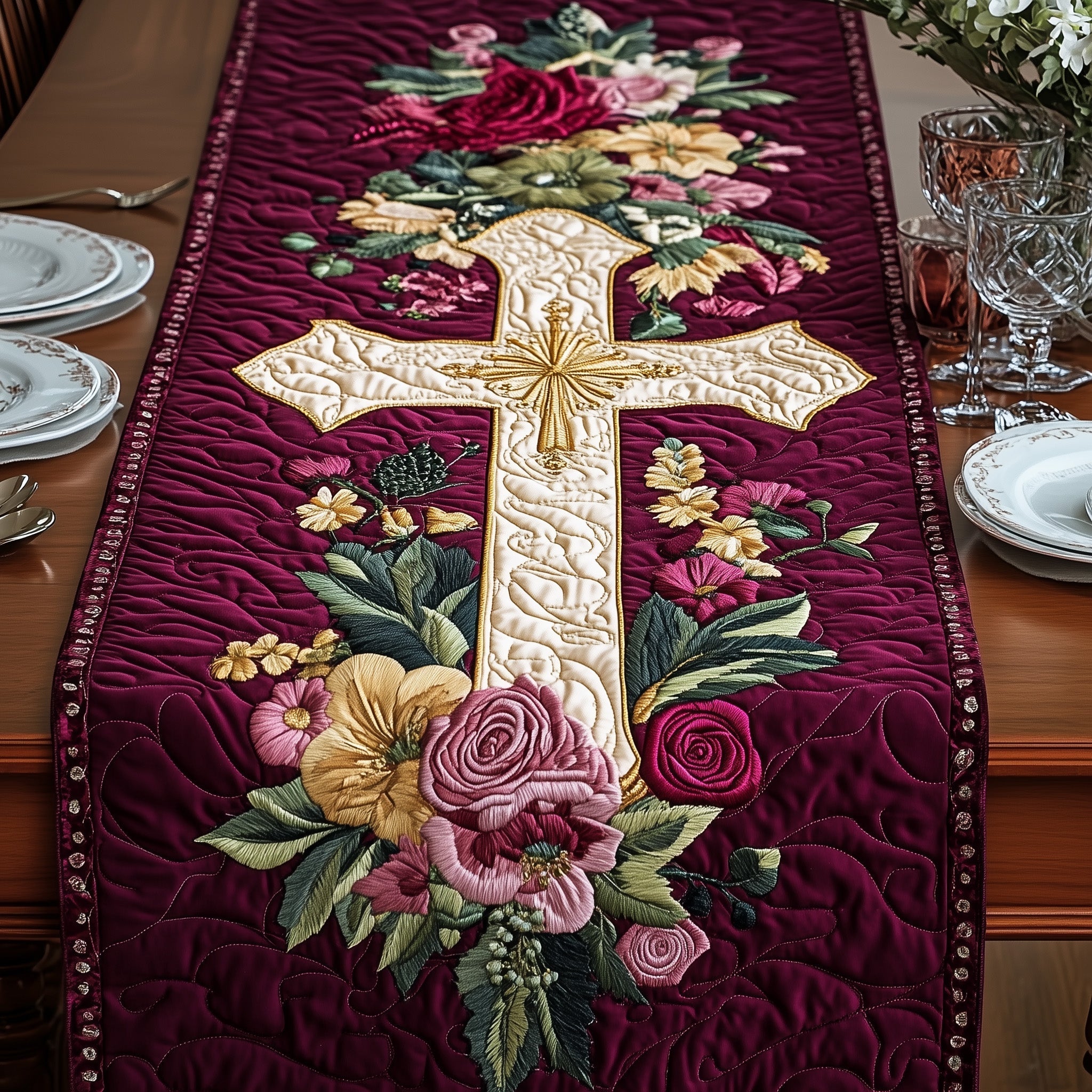 Faith in Bloom Quilted Table Runner Dining Room Runner Christian Presents For Her