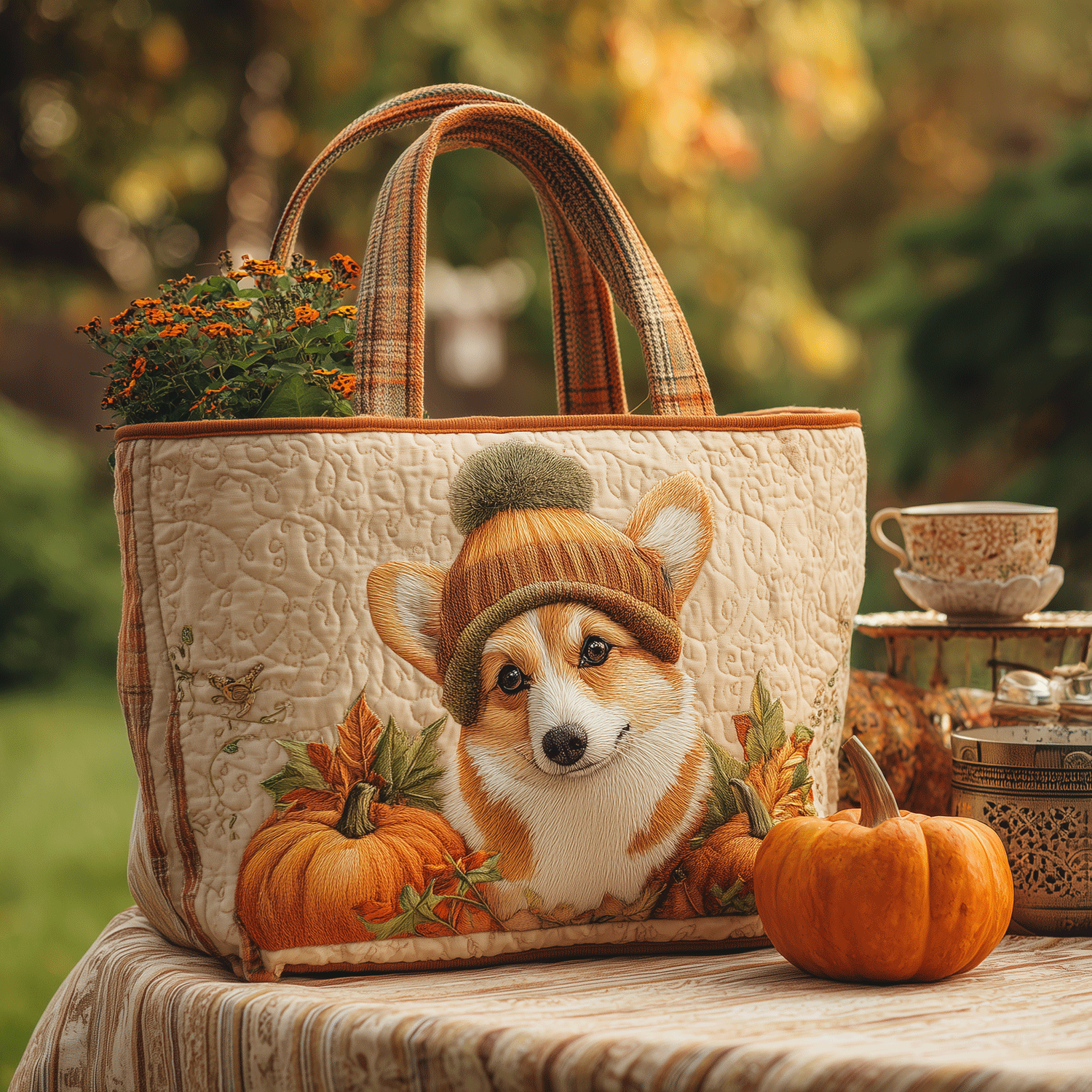 Fall Corgi Joy Quilted Tote Bag Patchwork Tote Bag Meaningful Mother's Day Gifts