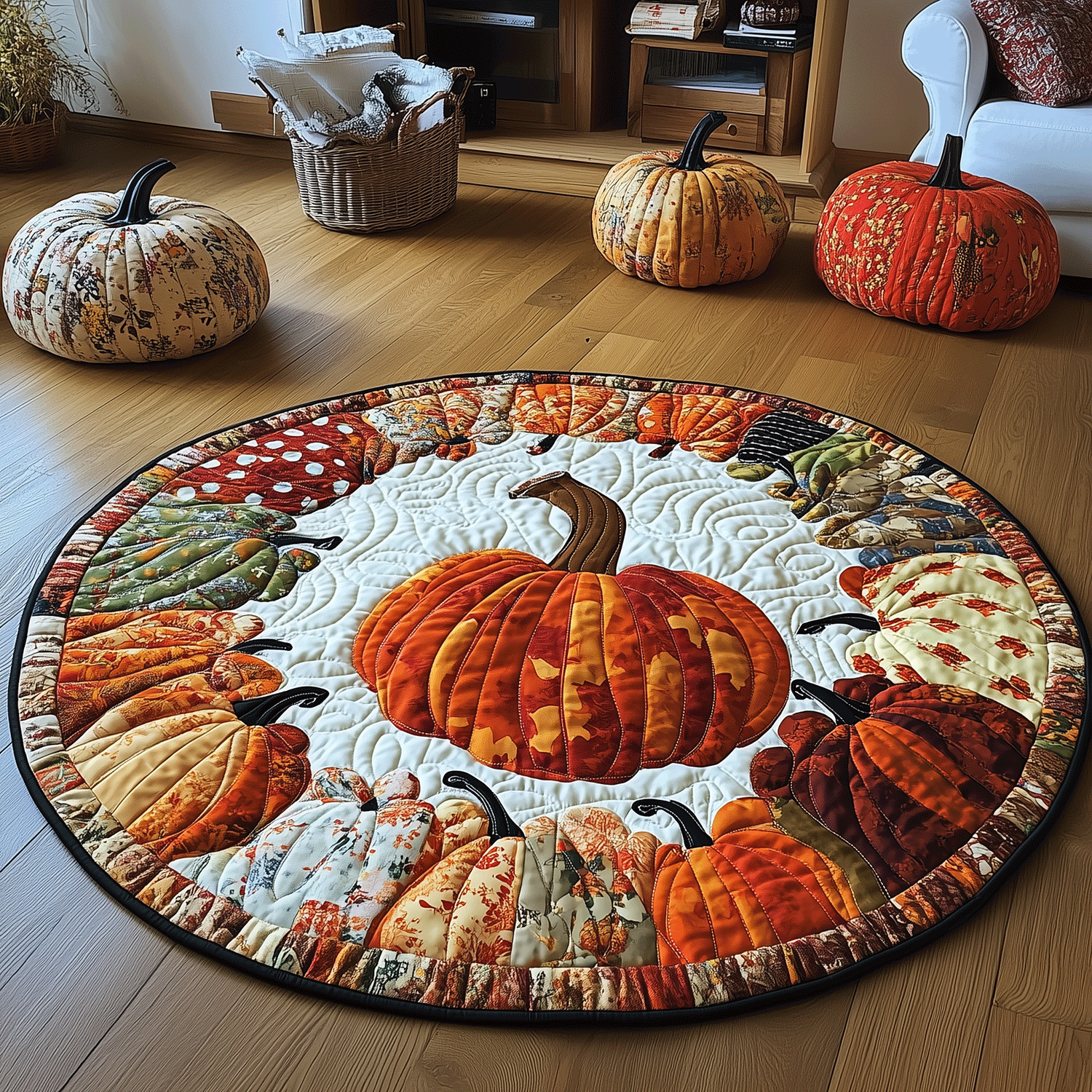 Fall Pumpkin Quilted Round Mat Round Indoor Area Rugs Halloween Gift Ideas
