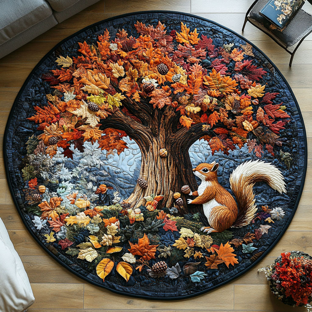 Fall Squirrel Vibes Quilted Round Mat Round Carpet Rugs Gifts For Autumn Lovers