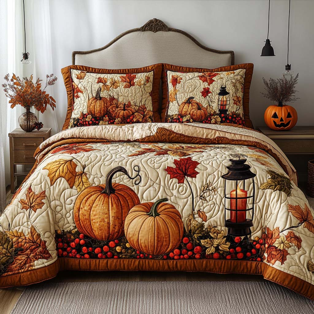 Falling Leaf Blessing Quilted Bedding Set Cute Queen Bed Sheets Best Father's Day Special Gifts