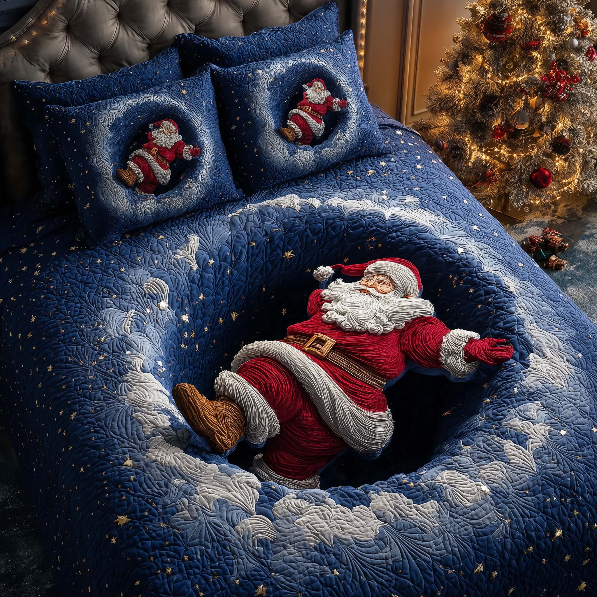 Falling Santa Quilted Bedding Set Xmas Bed Sheets Gifts For Men Who Have Everything