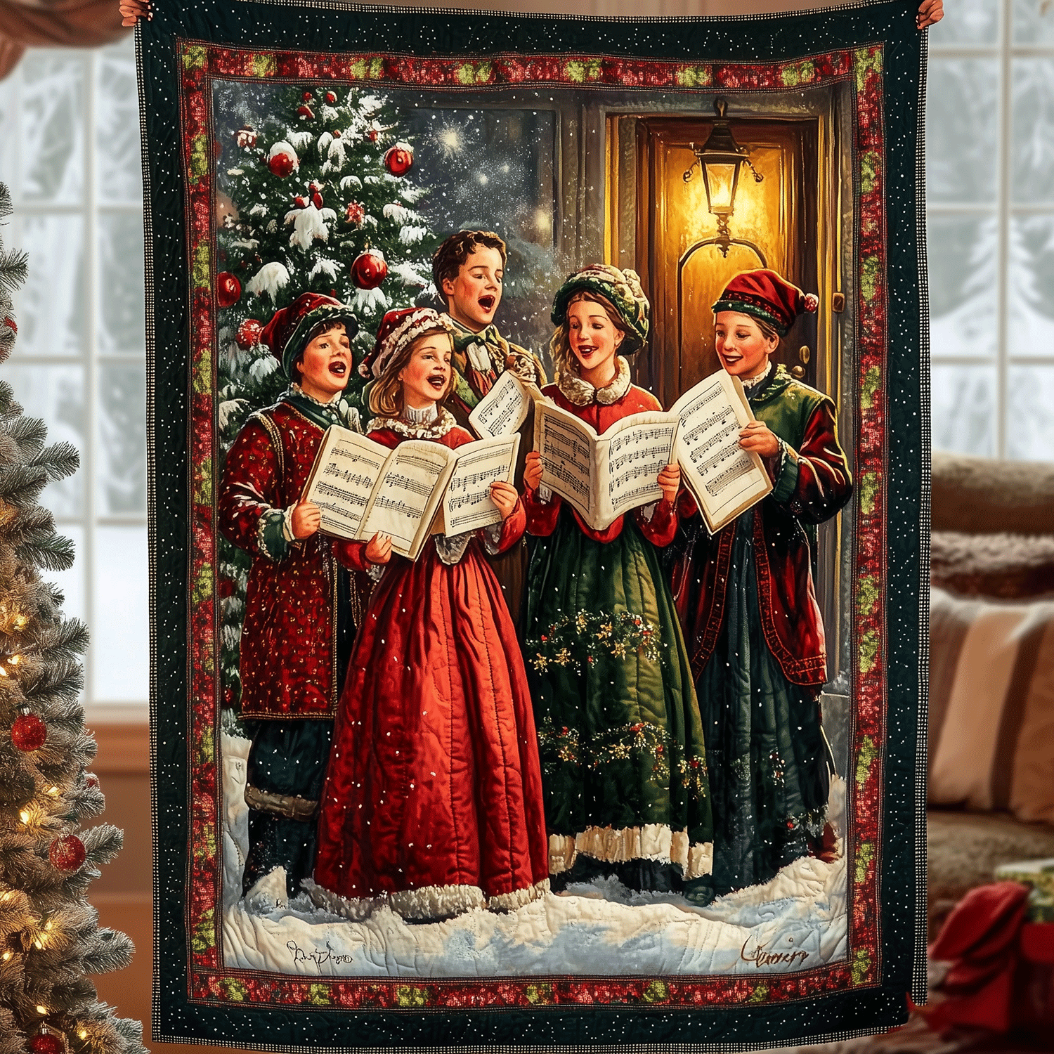Family Caroling Delight Quilted Blanket Christmas Duvet Sets Christmas Gifts For Boyfriend