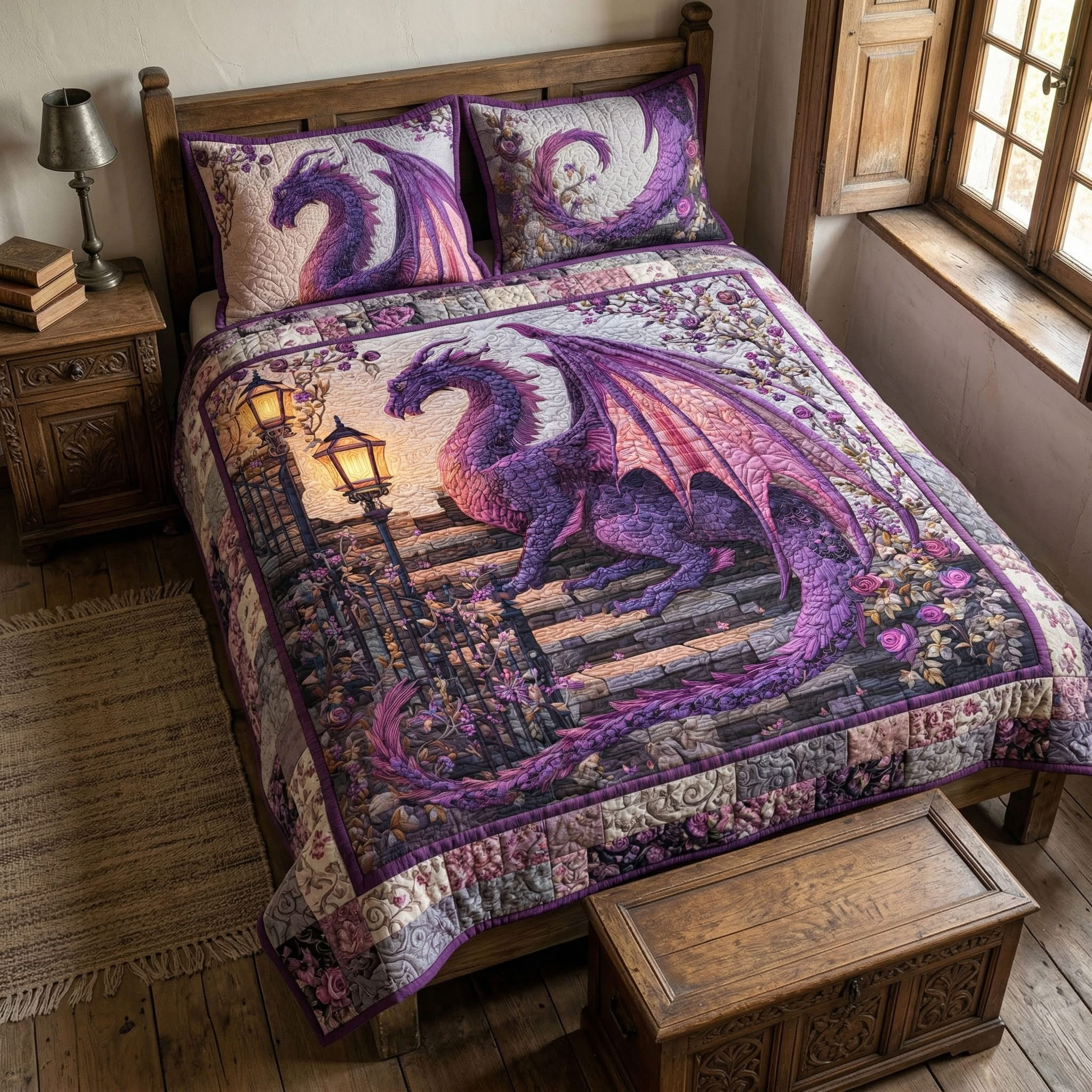Fantasy Art Violet Dragon Quilted Bedding Set Dragonfire Comforter Gift For Home