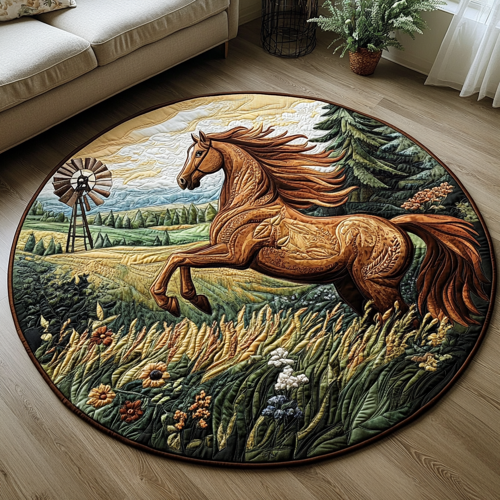 Farm Horse Quilted Round Mat Modern Circle Rug Best Gifts For Horse Owners
