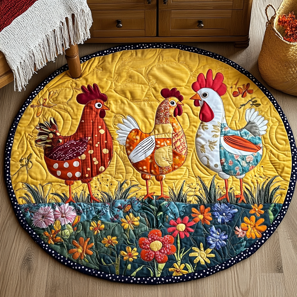 Farmhouse Fowl Quilted Round Mat Circle Rugs Large Gifts For Chicken People