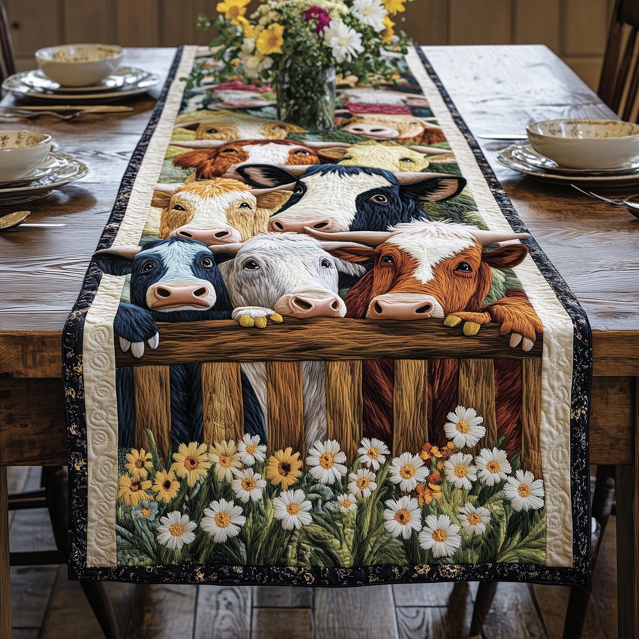 Farmyard Friends Quilted Table Runner Farmhouse Holiday Table Runner Gifts For Cow Lovers