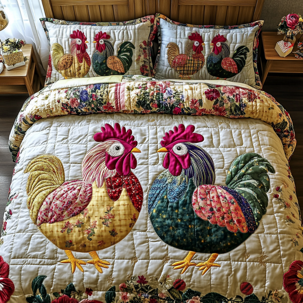 Feathered Dreams Quilted Bedding Set Aesthetic Room Decor Presents For Chicken Owners