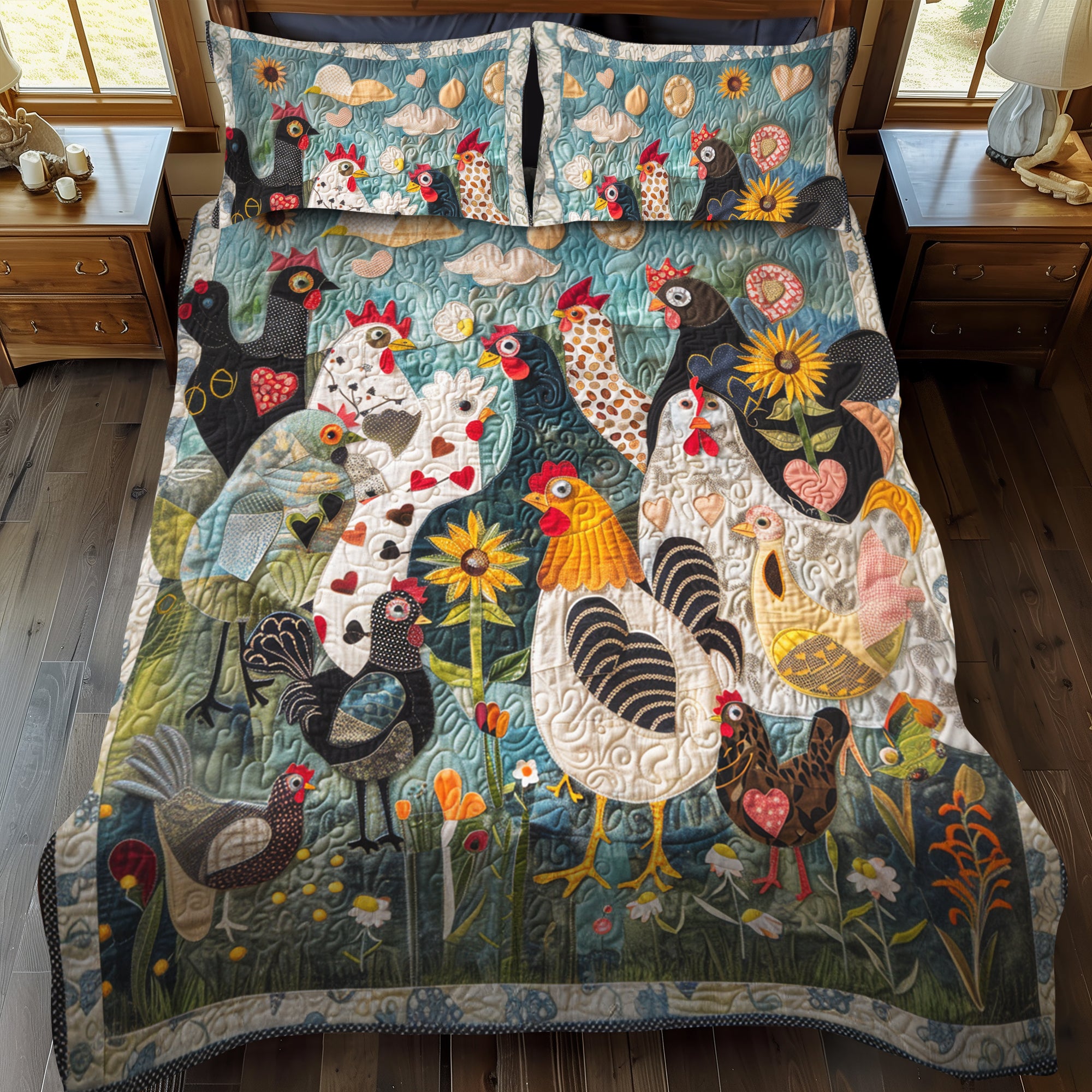 Feathered Garden Quilted Bedding Set Bedroom Decor Gifts For People Who Raise Chickens