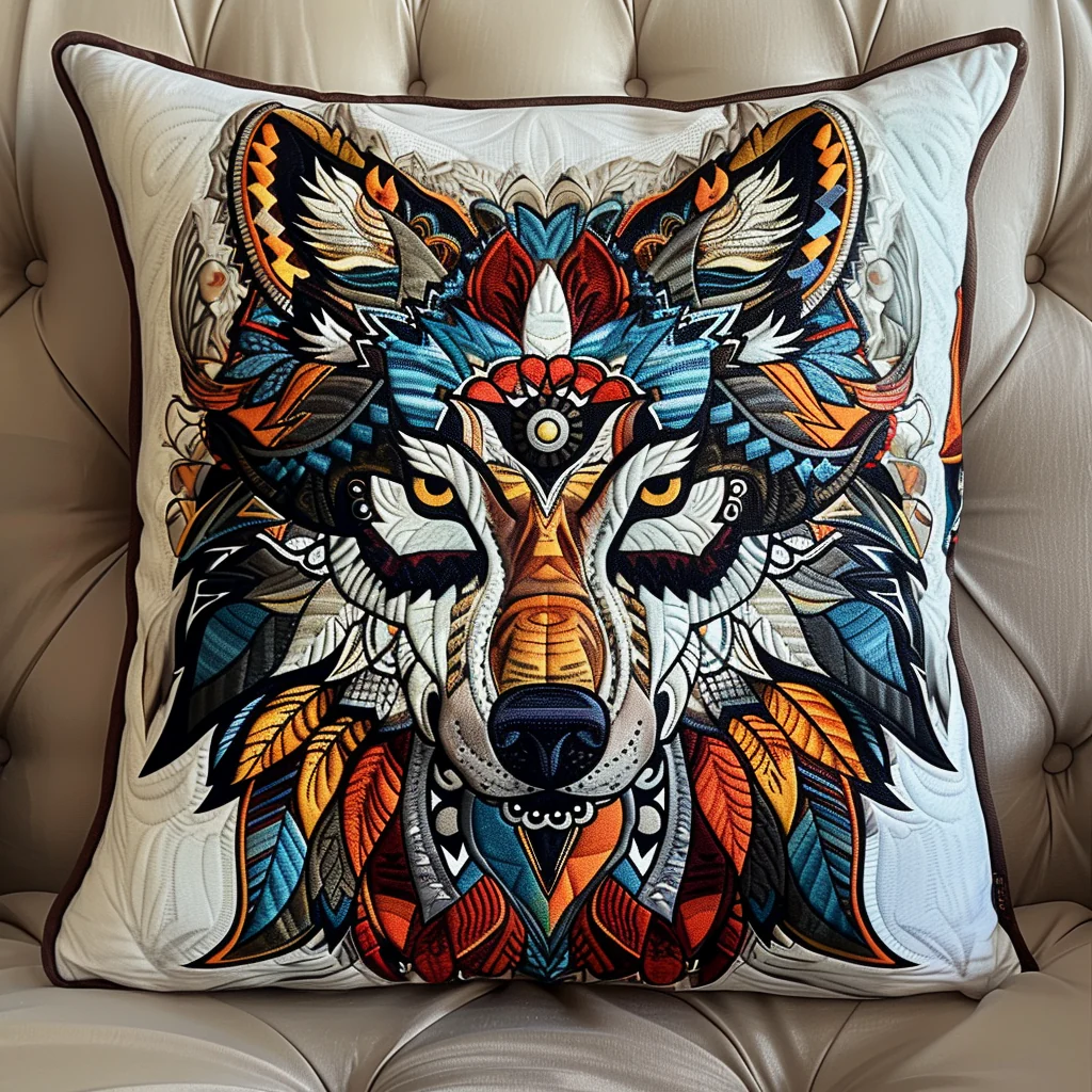Feathered Wolf Spirit Quilted Pillow Case Artistic Pillow Cover Great Gifts For Dad