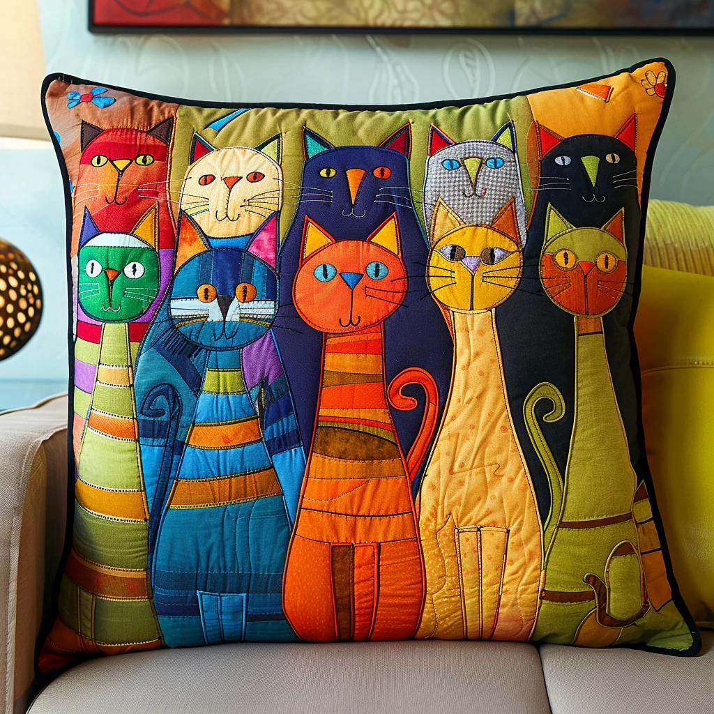 Feline Friends Quilted Pillow Case Artistic Pillow Cover Great Gifts For Cat Lover