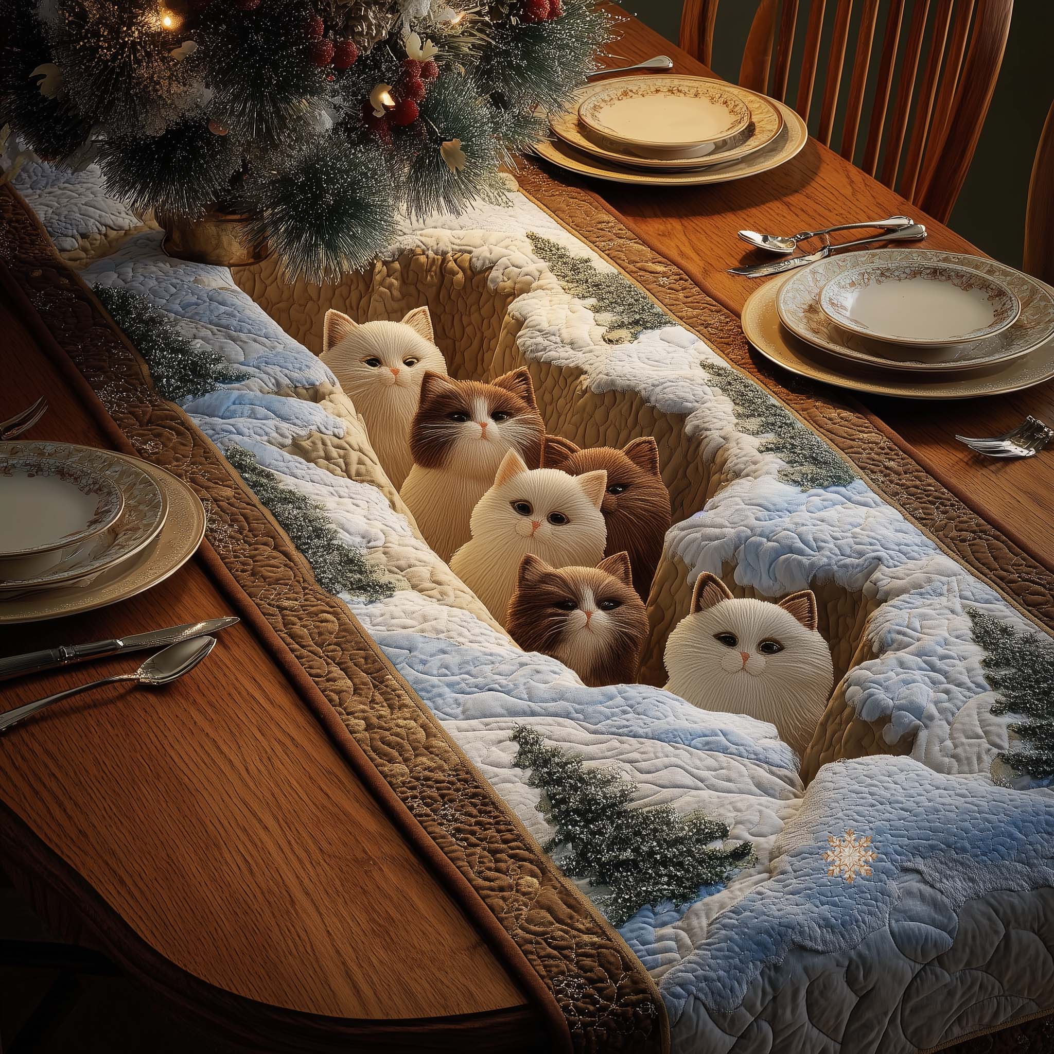 Feline Grace Quilted Table Runner Dining Table Xmas Decor Best Gifts For Cat Lovers