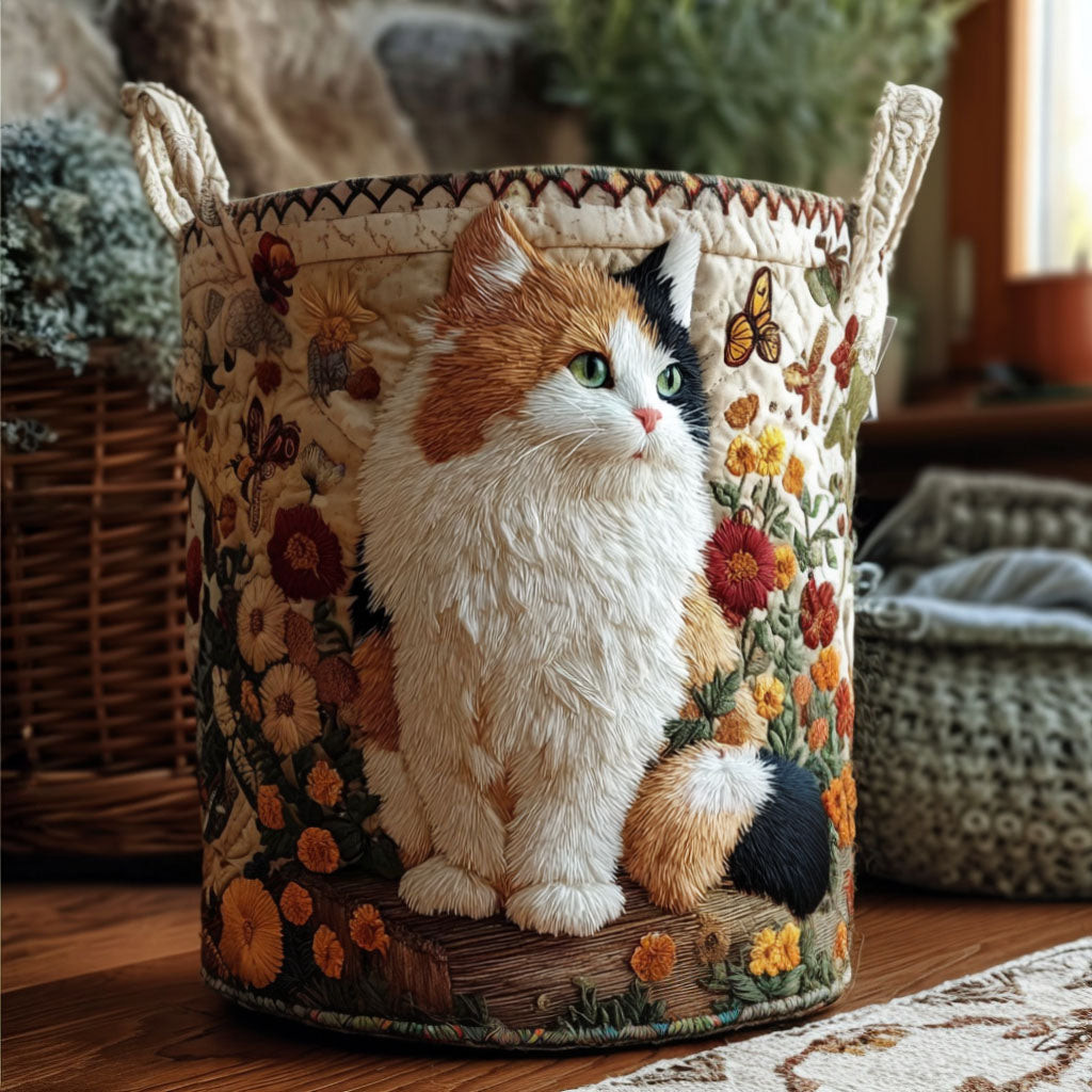 Feline in Flowers Quilted Laundry Basket Room Decor Good Housewarming Presents
