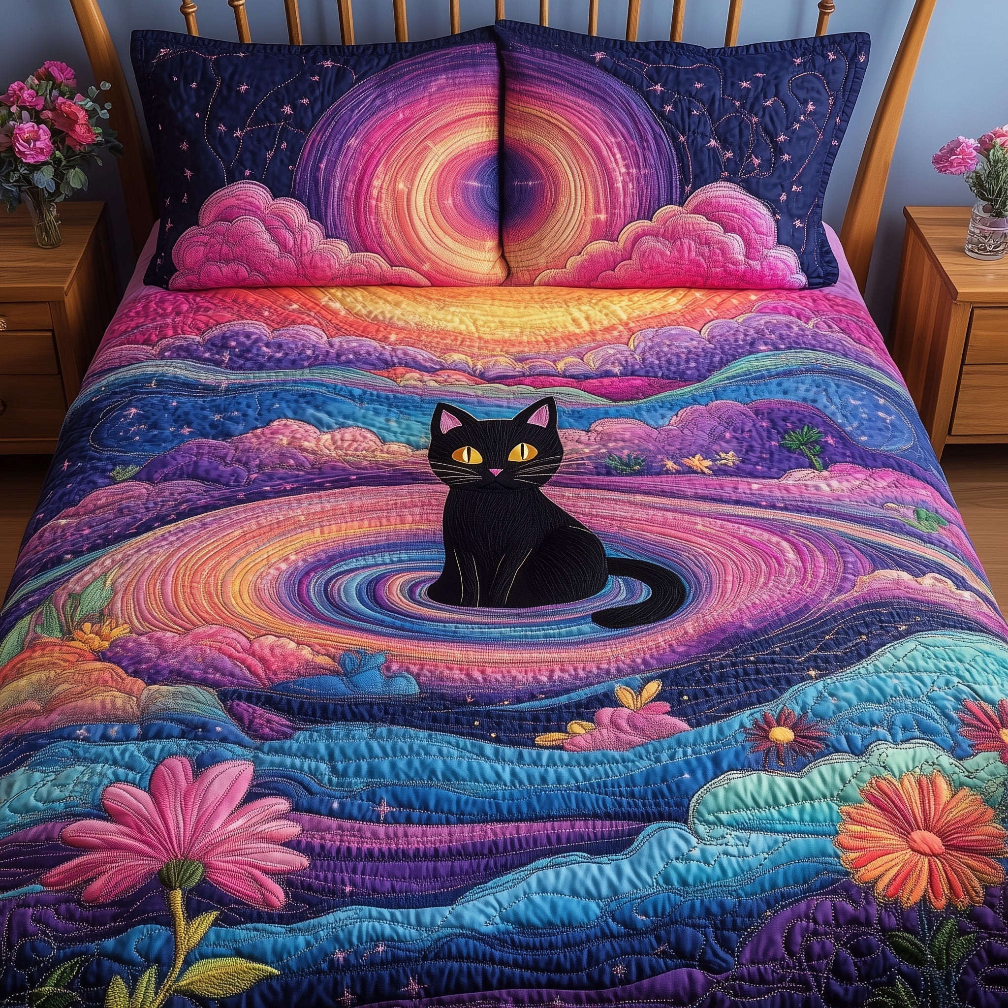 Feline Nebula Quilted Bedding Set Best King Size Sheets Awesome Gifts For Cat Lovers