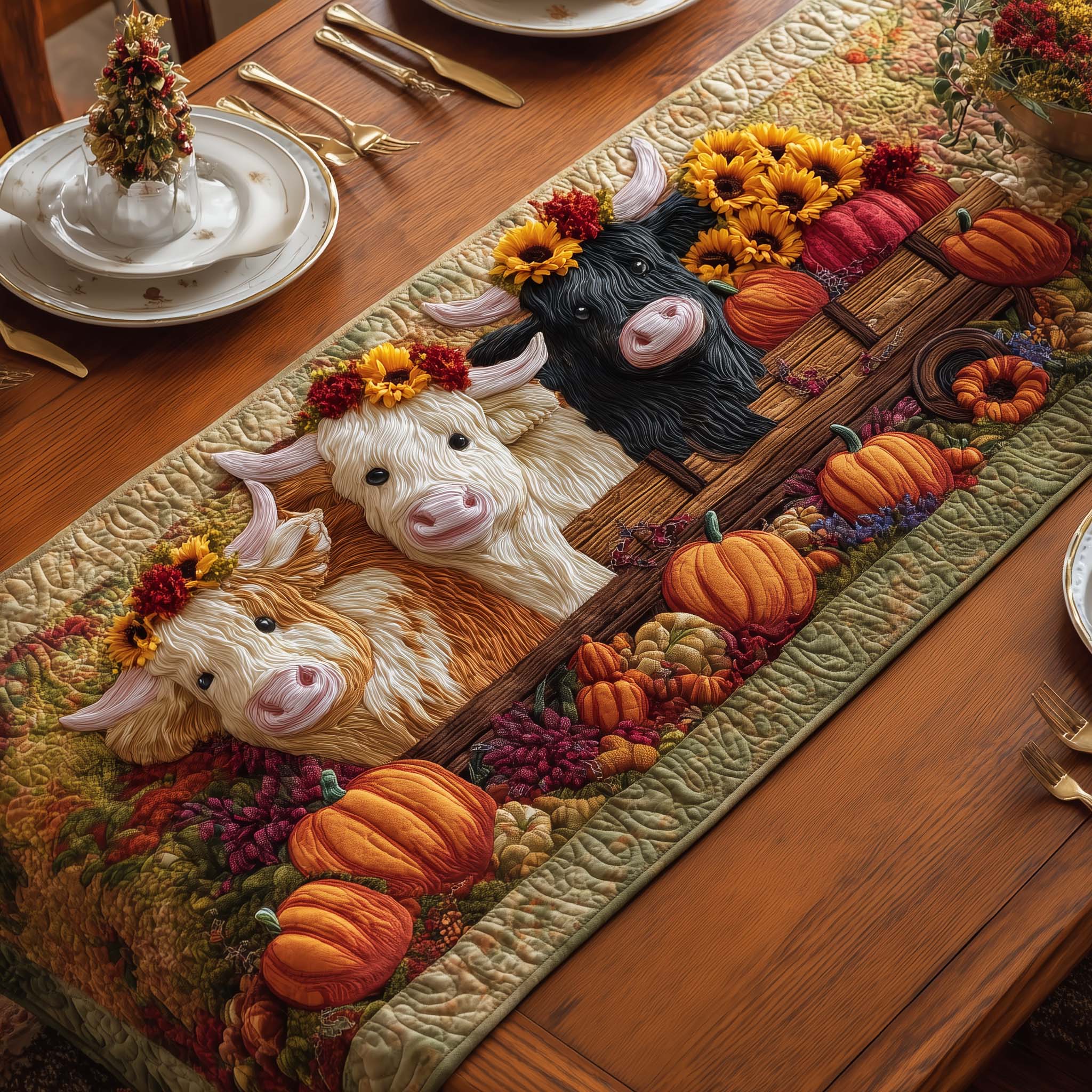 Fence Cows Quilted Table Runner Elegant Holiday Decor Last Minute Christmas Gifts