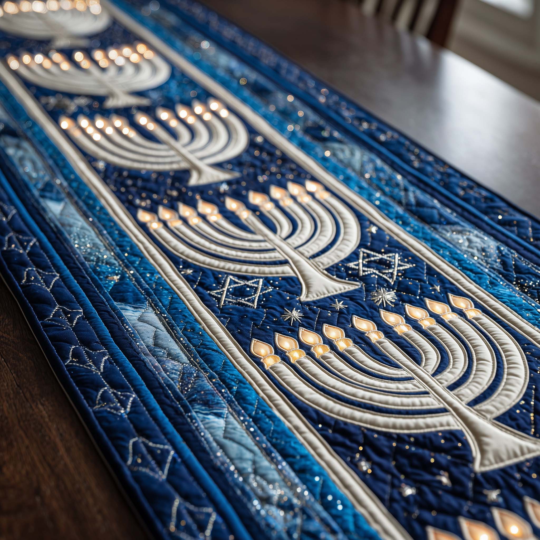 Festival of Lights Quilted Table Runner Elegant Holiday Decor Unusual Hanukkah Gifts