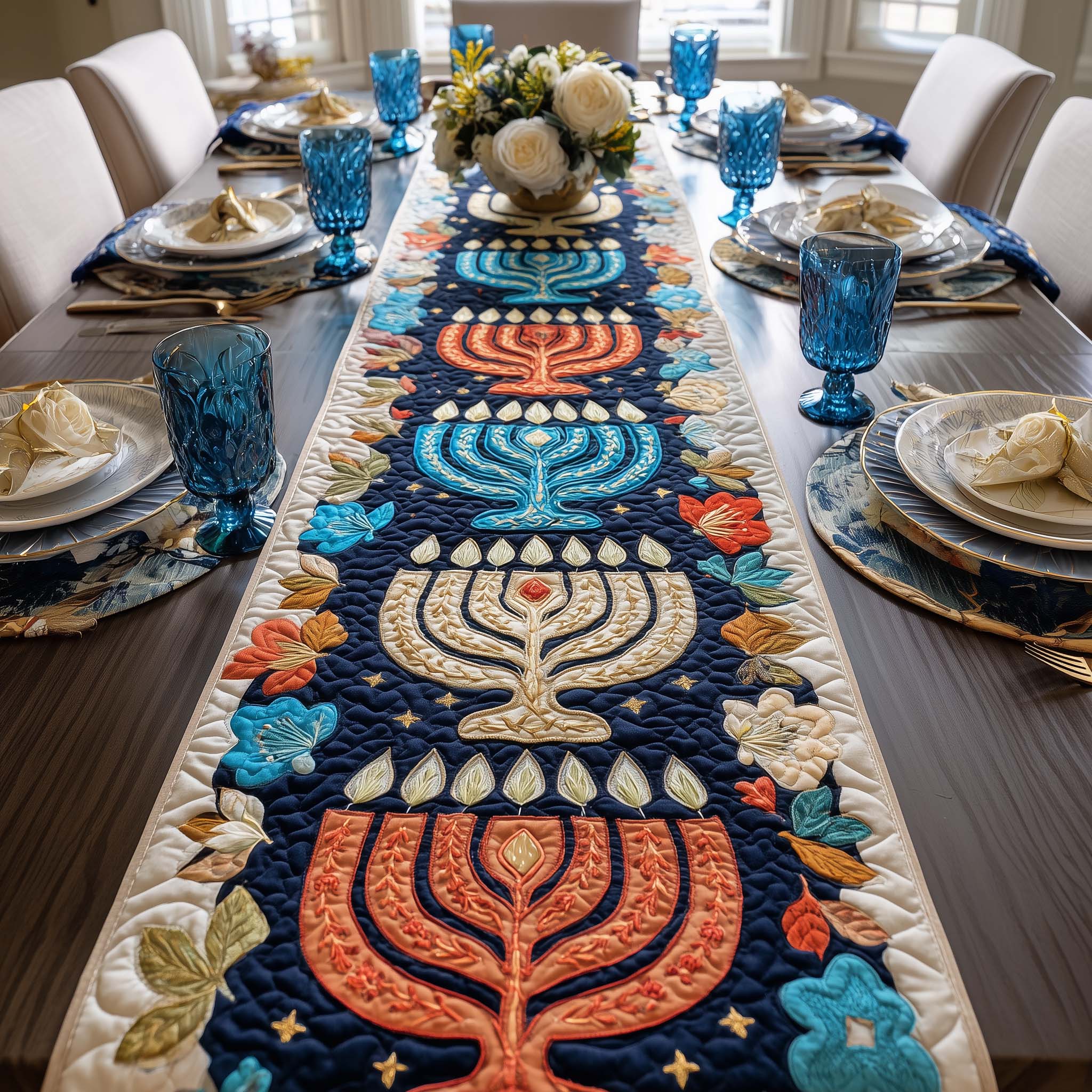 Festival of Lights Quilted Table Runner Holiday Table Runners Hanukkah Gifts For Mom