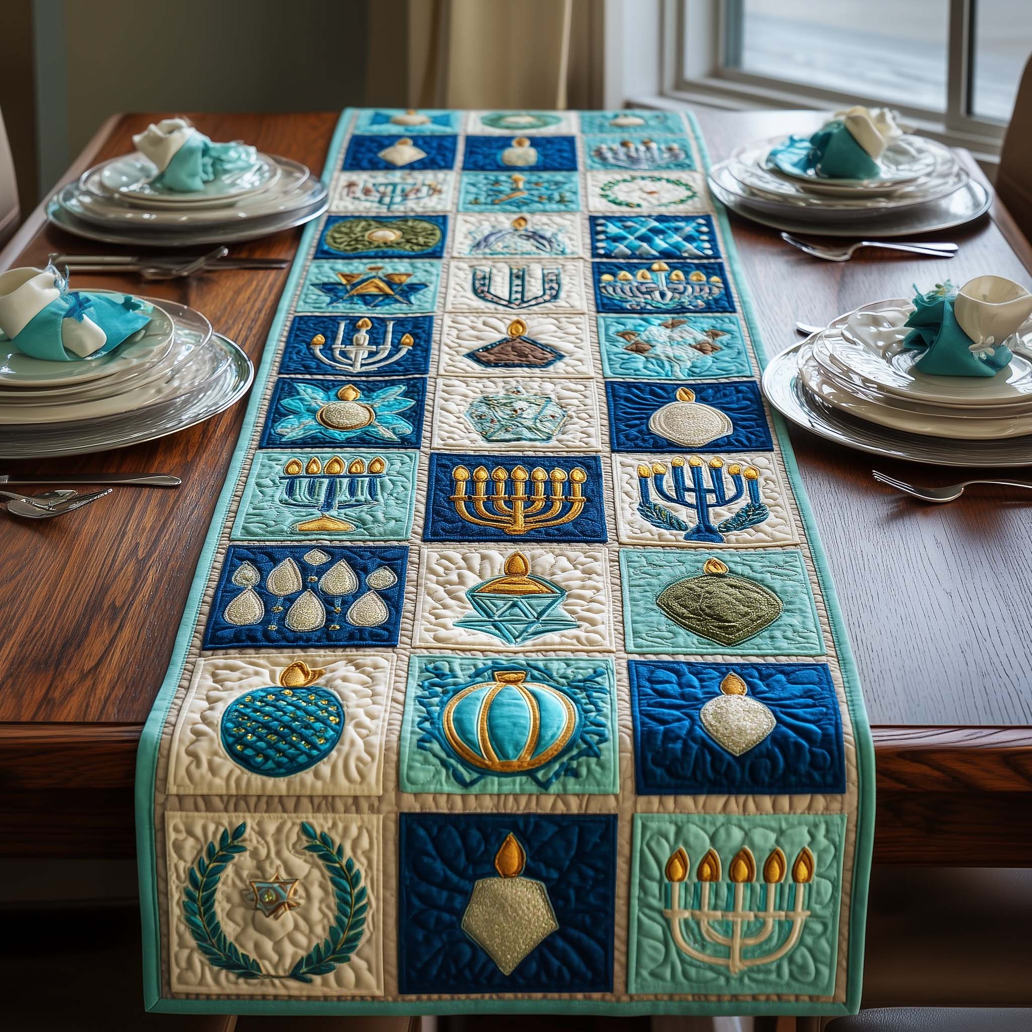 Festival Tiles Quilted Table Runner Dining Room Decor Hanukkah Ideas