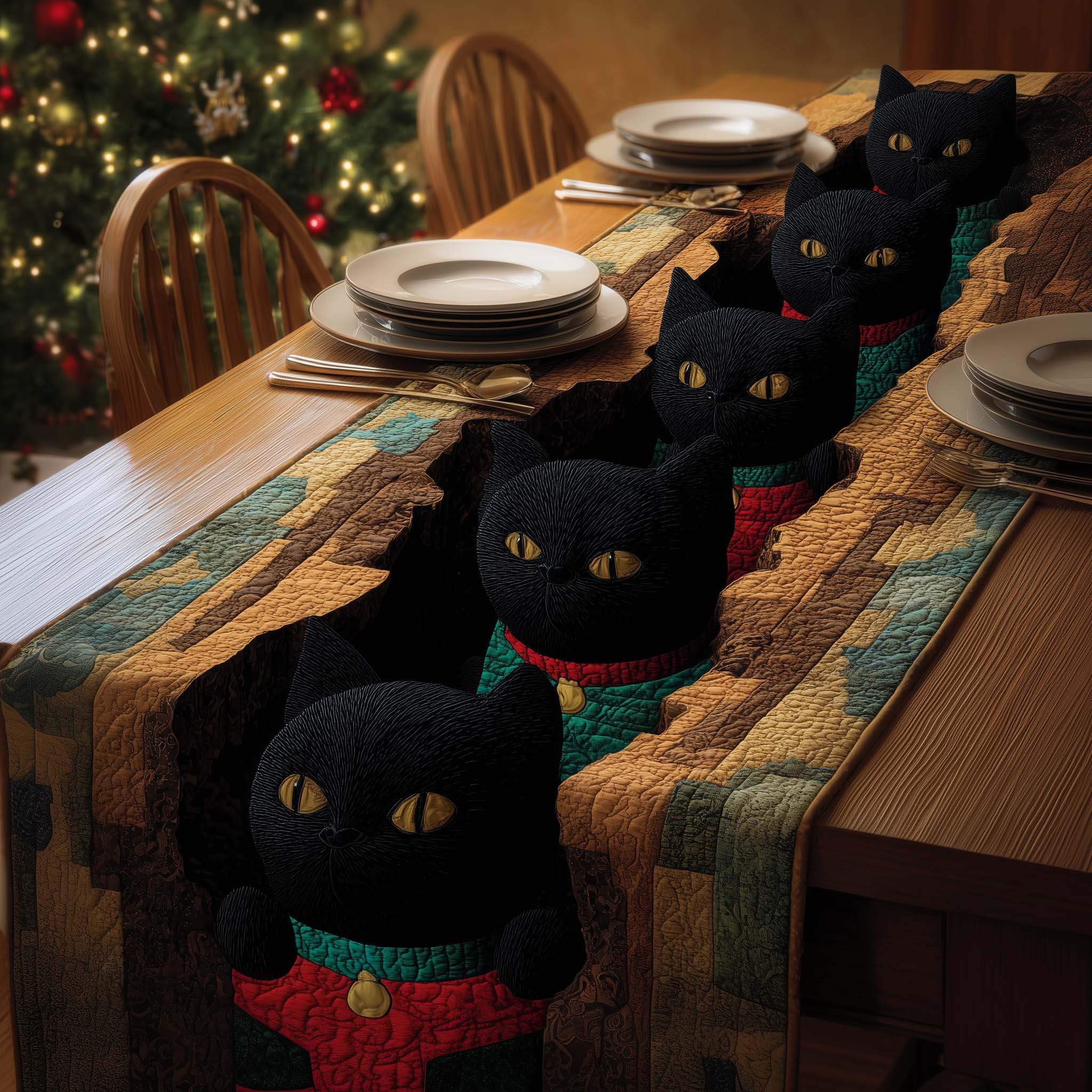 Festive Cats Quilted Table Runner Xmas Dinner Table Decorations Cat Presents Christmas