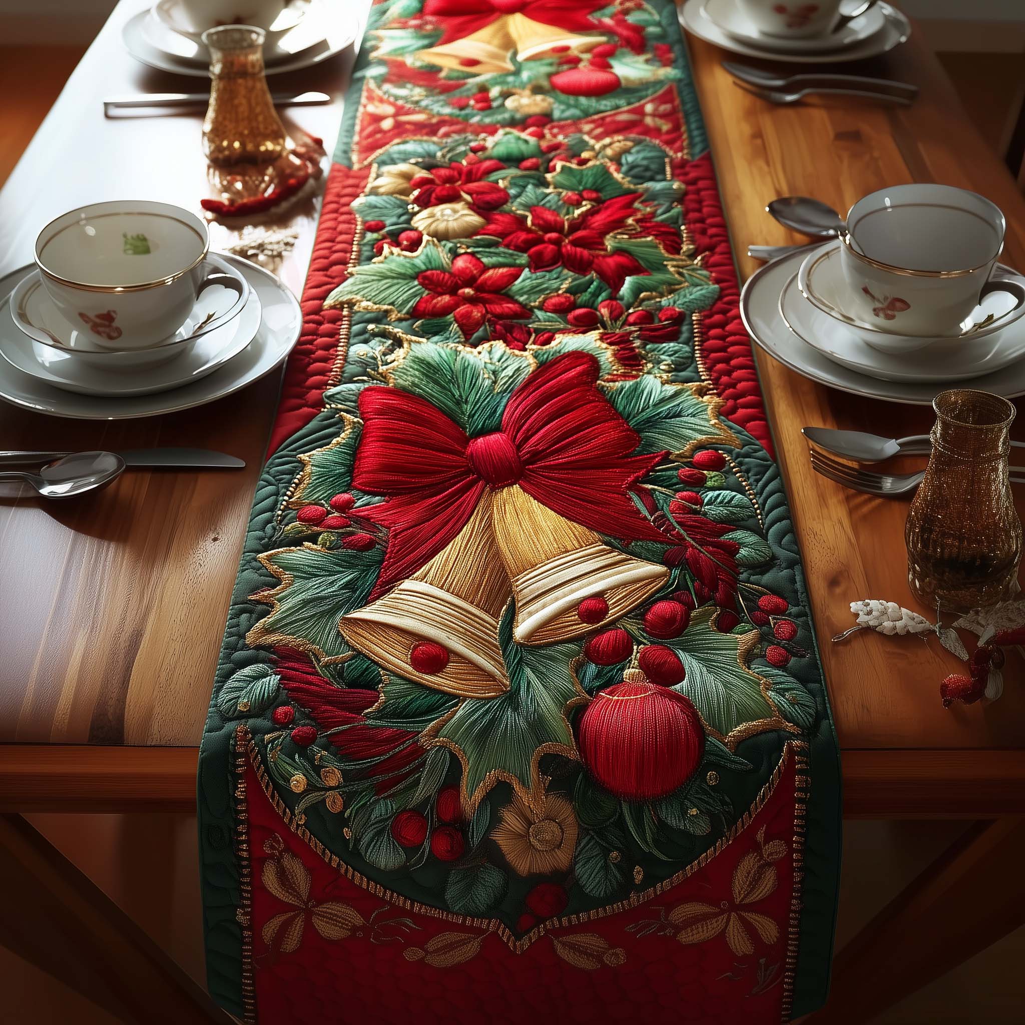 Festive Christmas Bell Quilted Table Runner Winter Themed Table Runners Xmas Gift Ideas