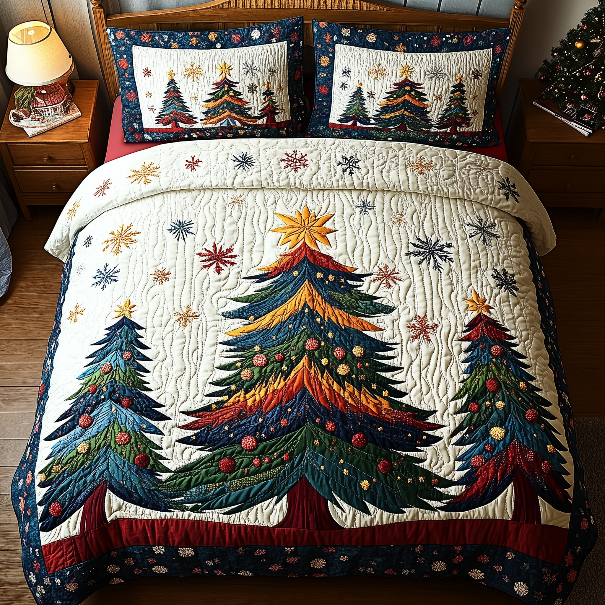 Festive Christmas Tree Quilted Bedding Set Bedroom Xmas Decor Great Family Xmas Gifts