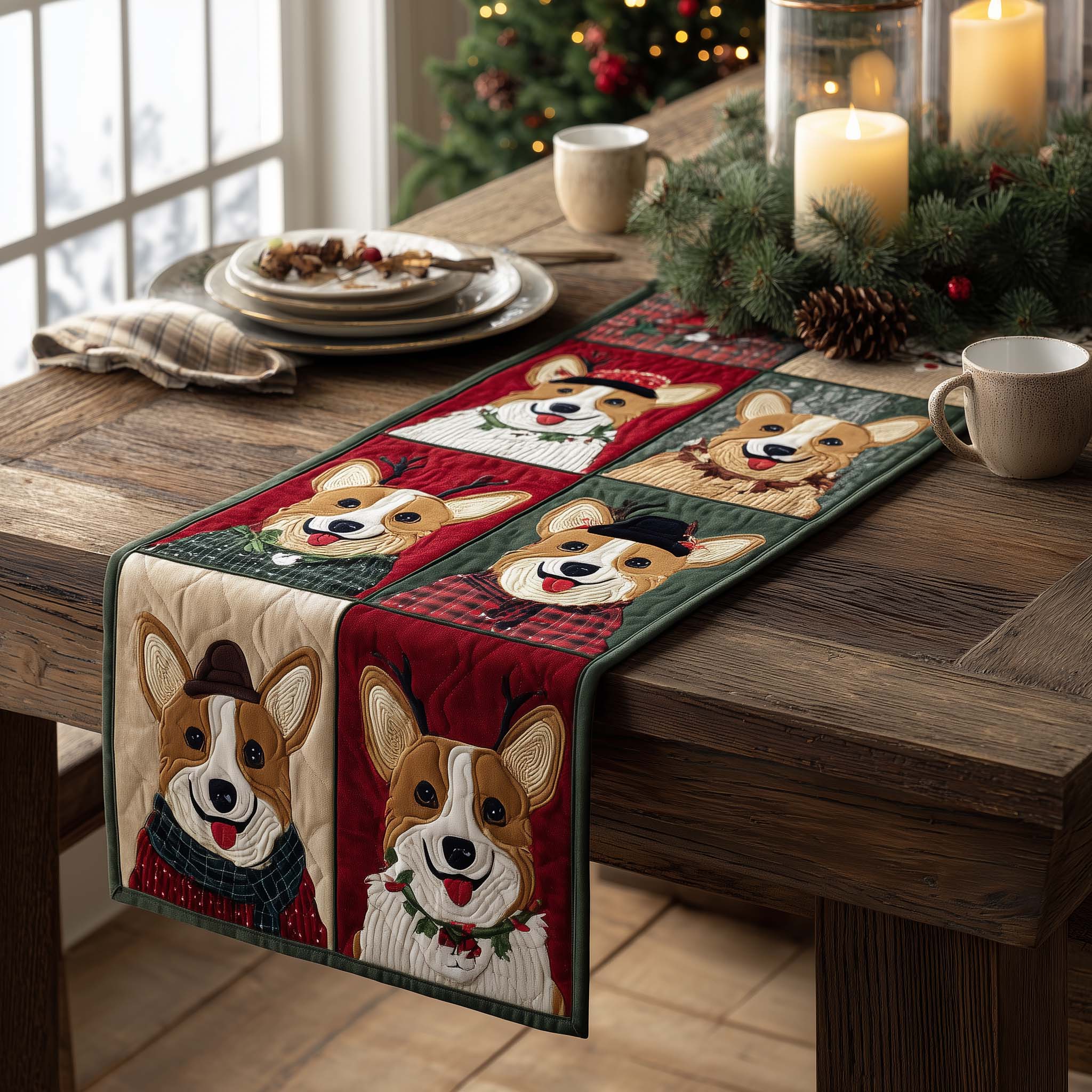 Festive Corgi Quilted Table Runner Christmas Dining Table Runner Good Family Christmas Presents