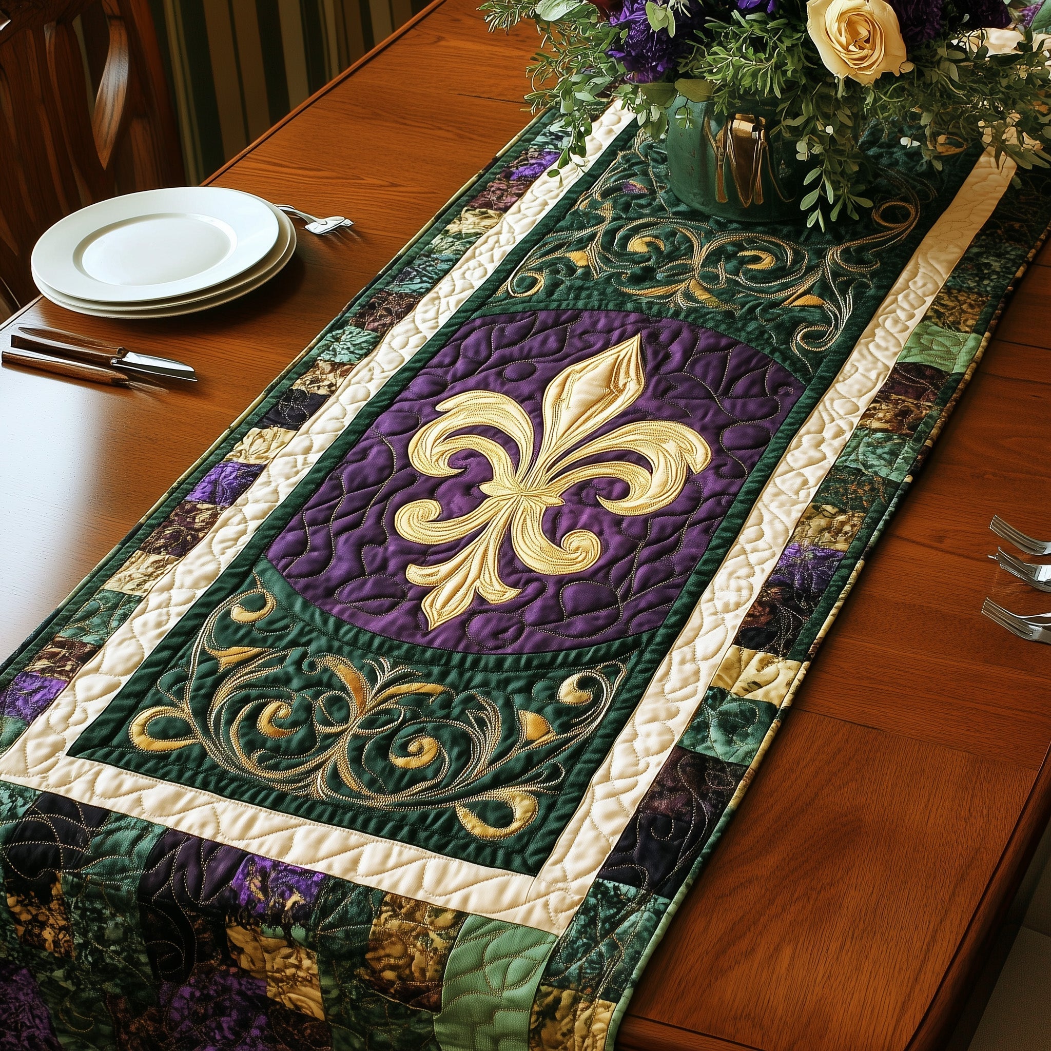 Festive Fleur de lis Quilted Table Runner Dining Table Ideas Mardi Gras Themed Gifts