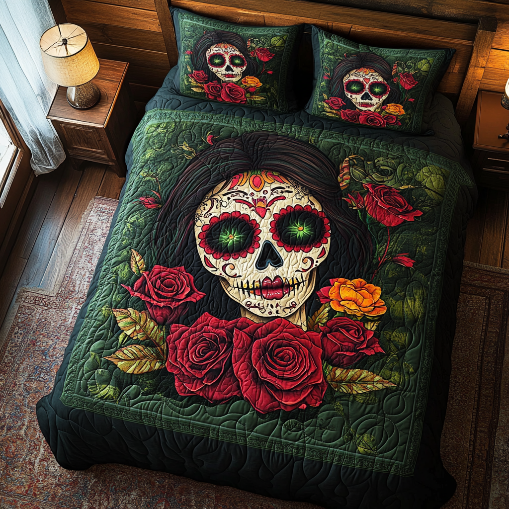 Festive Floral Skull Quilted Bedding Set Best Bedspread Set Gifts For People Who Like Skulls