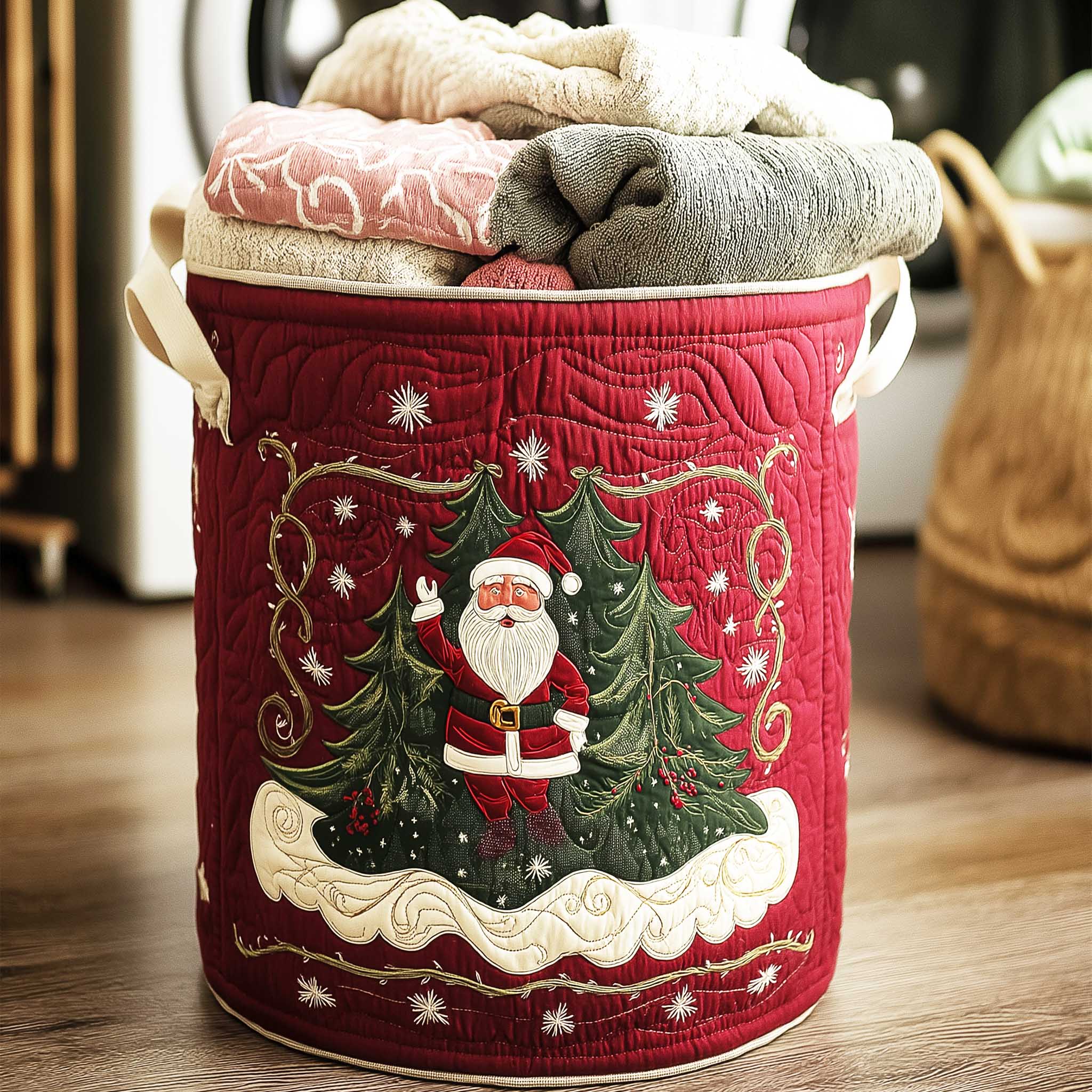 Festive Forest Santa Quilted Laundry Basket Foldable Clothes Hamper Xmas Gift For Daughter In Law
