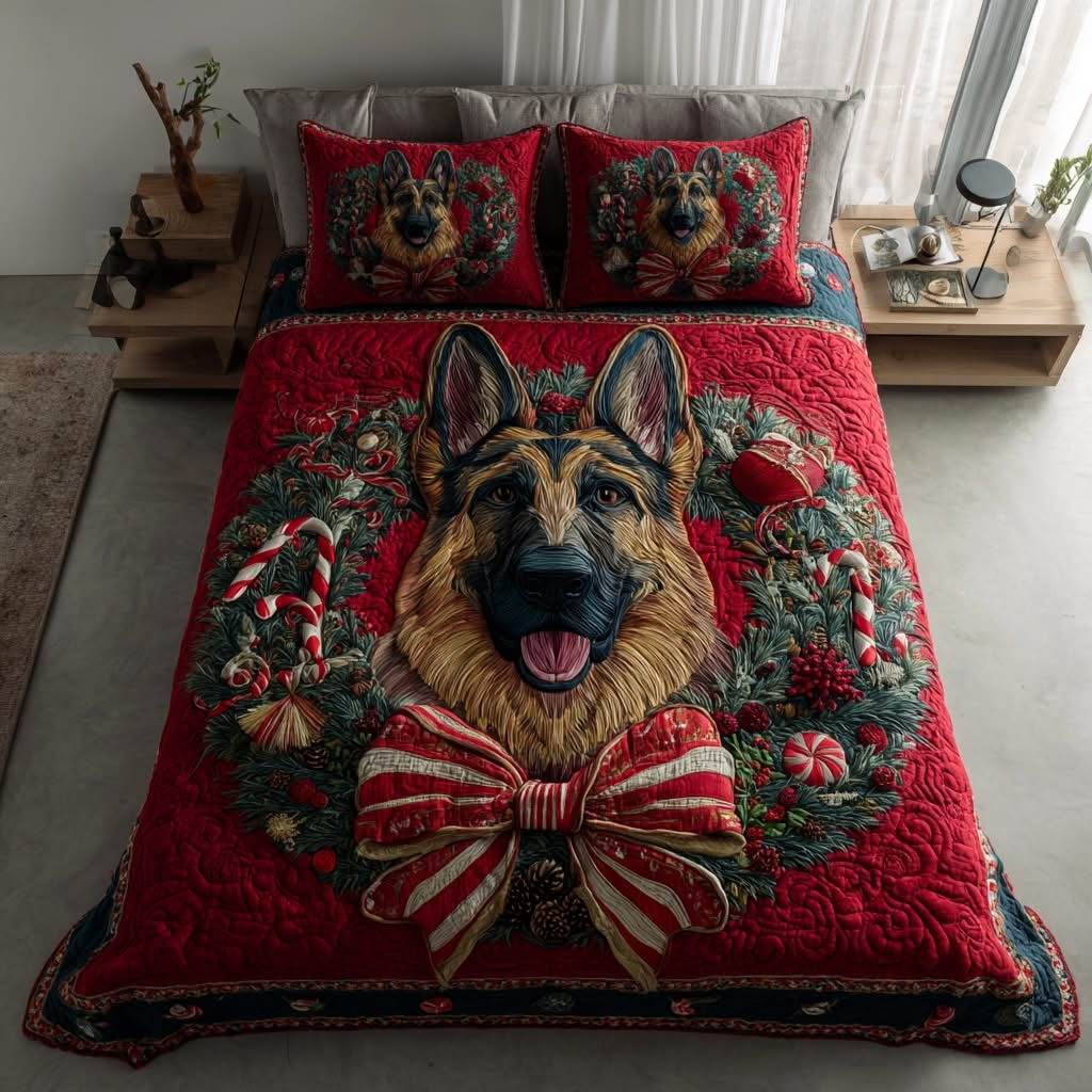 Festive German Shepherd Christmas Quilted Bedding Set Duvet Cover Bedspread Xmas Gifts For Dog Lovers
