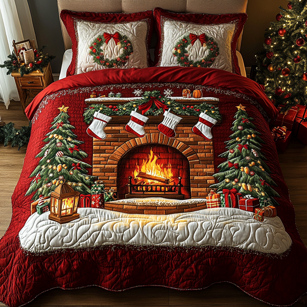 Festive Hearth Quilted Bedding Set Xmas Holiday Duvet Cover Set Xmas Gifts For Family