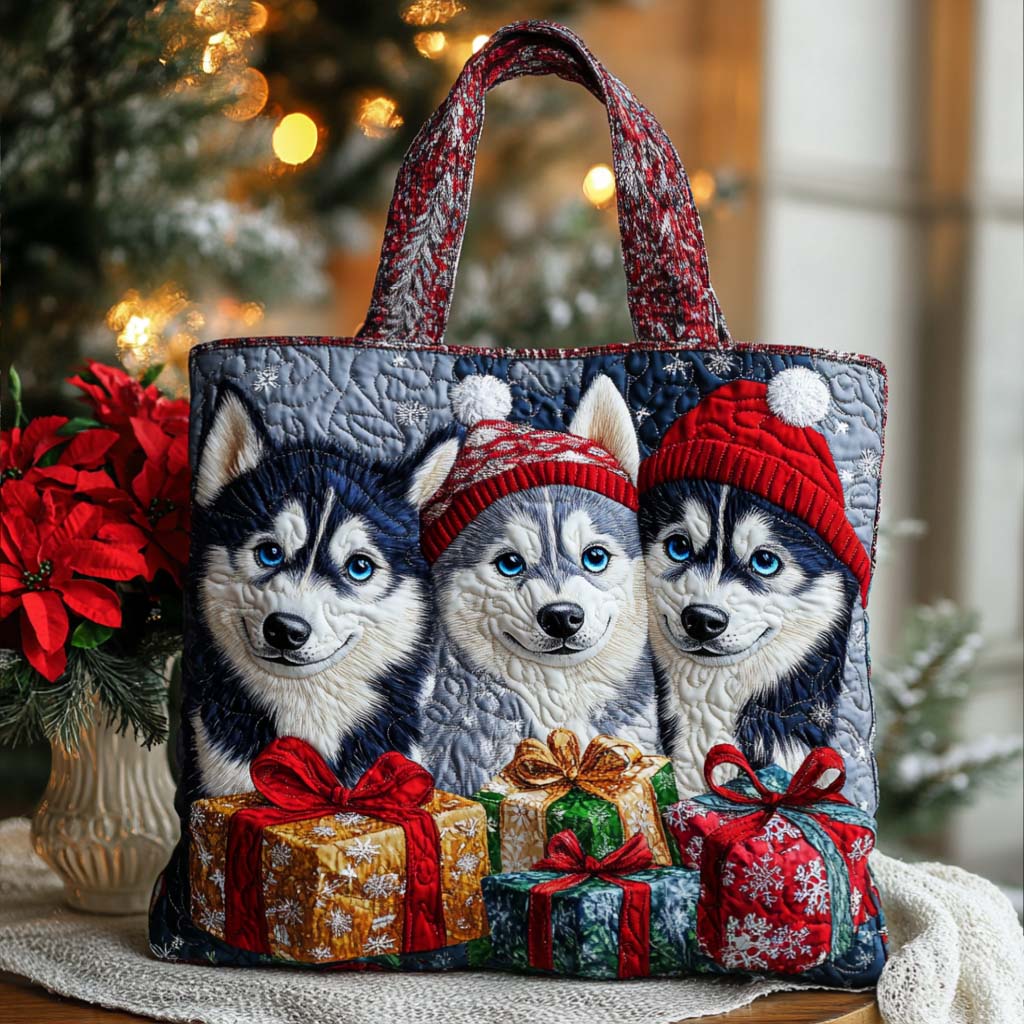 Festive Huskies Quilted Tote Bag Patchwork Tote Bag Christmas Gift For Mom