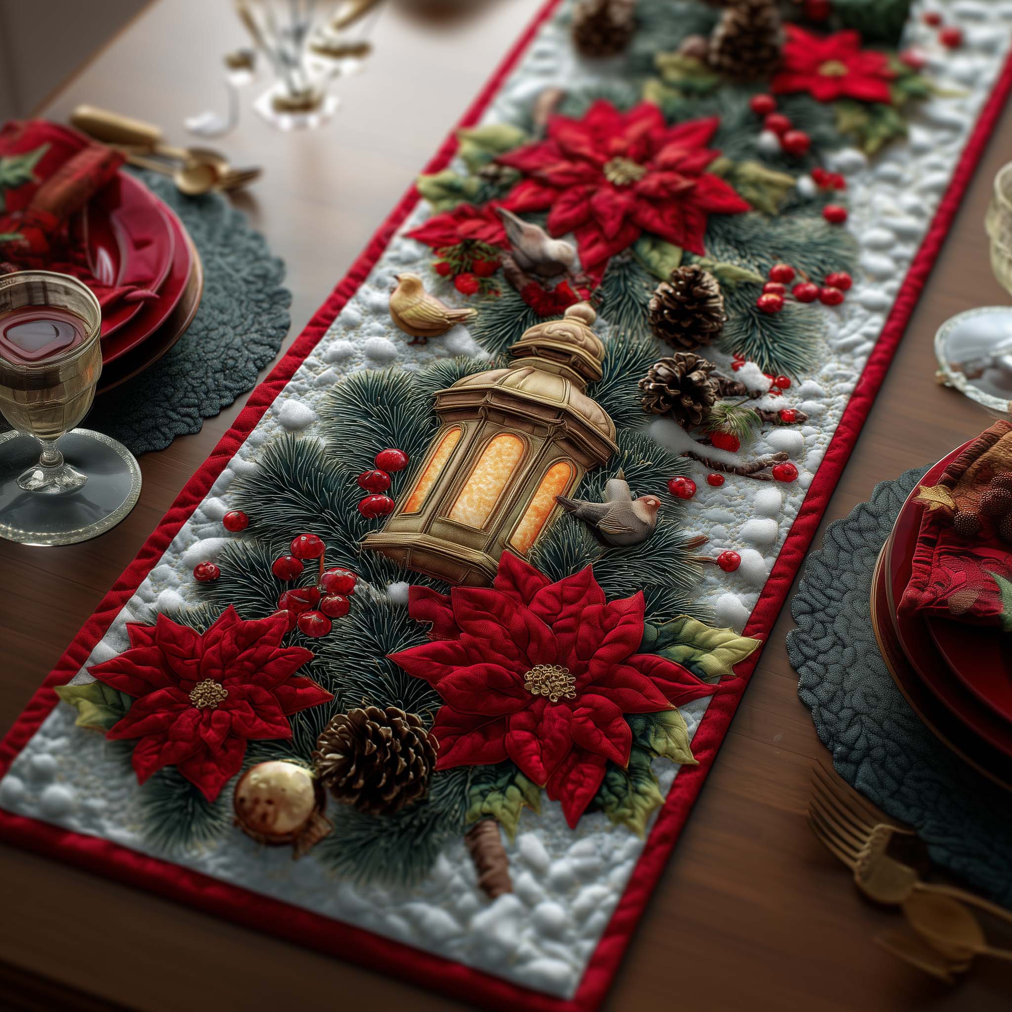 Festive Lantern Quilted Table Runner Christmas Dining Table Decor Christmas Gift Ideas For Her