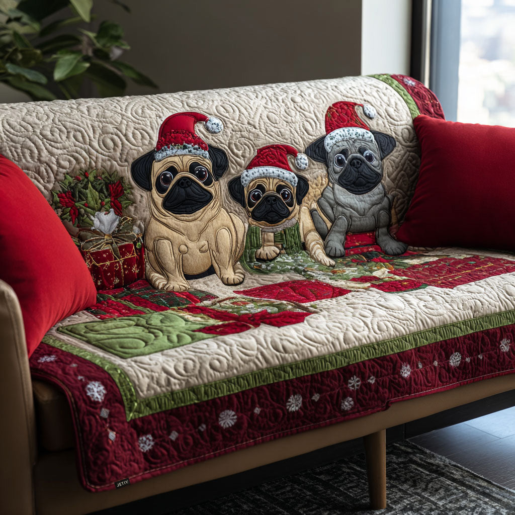 Festive Pug Trio Quilted Sofa Cover Furniture Covers For Sofas Presents For Pug Lovers