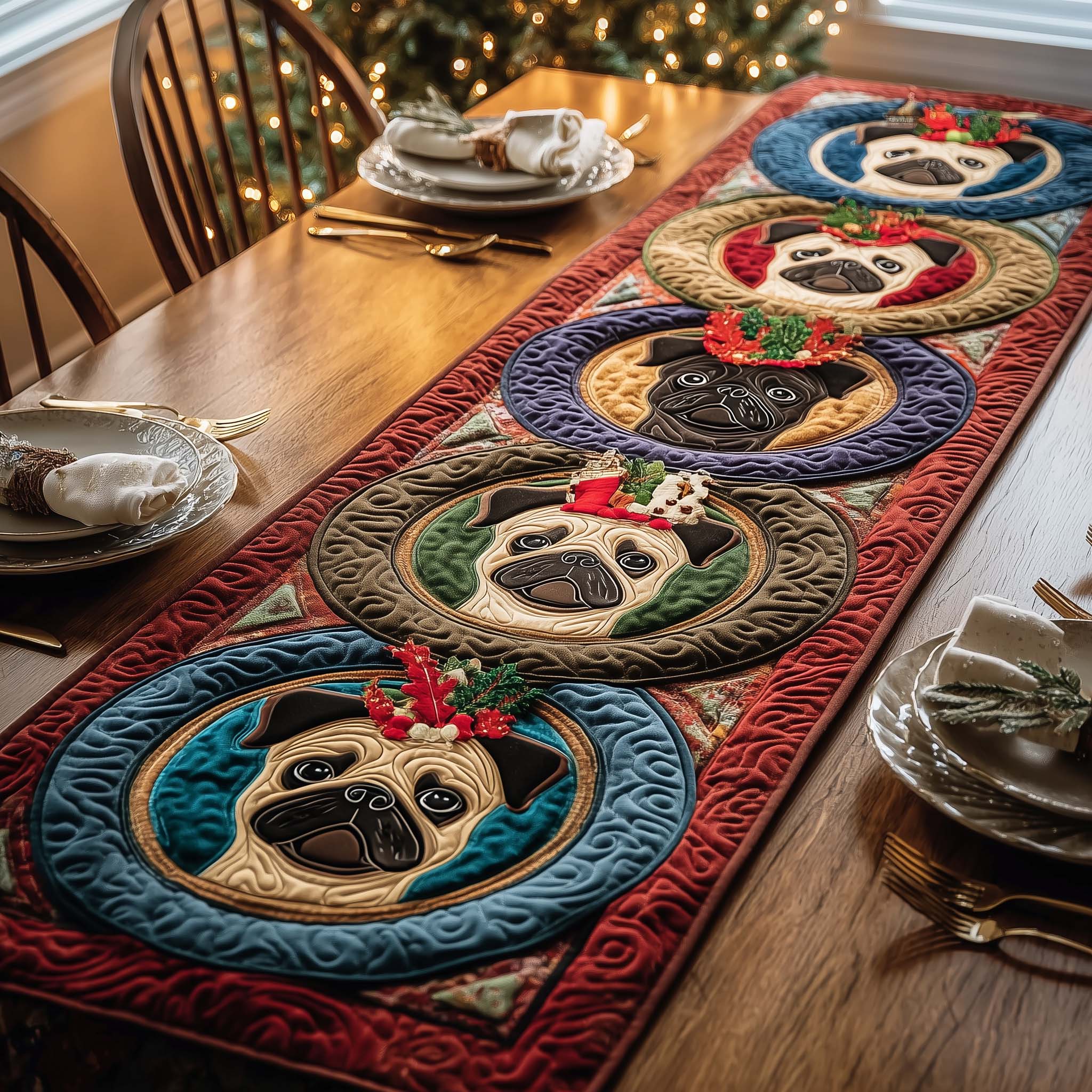 Festive Pugs Quilted Table Runner Christmas Holiday Table Runners Xmas Presents For Mother In Law