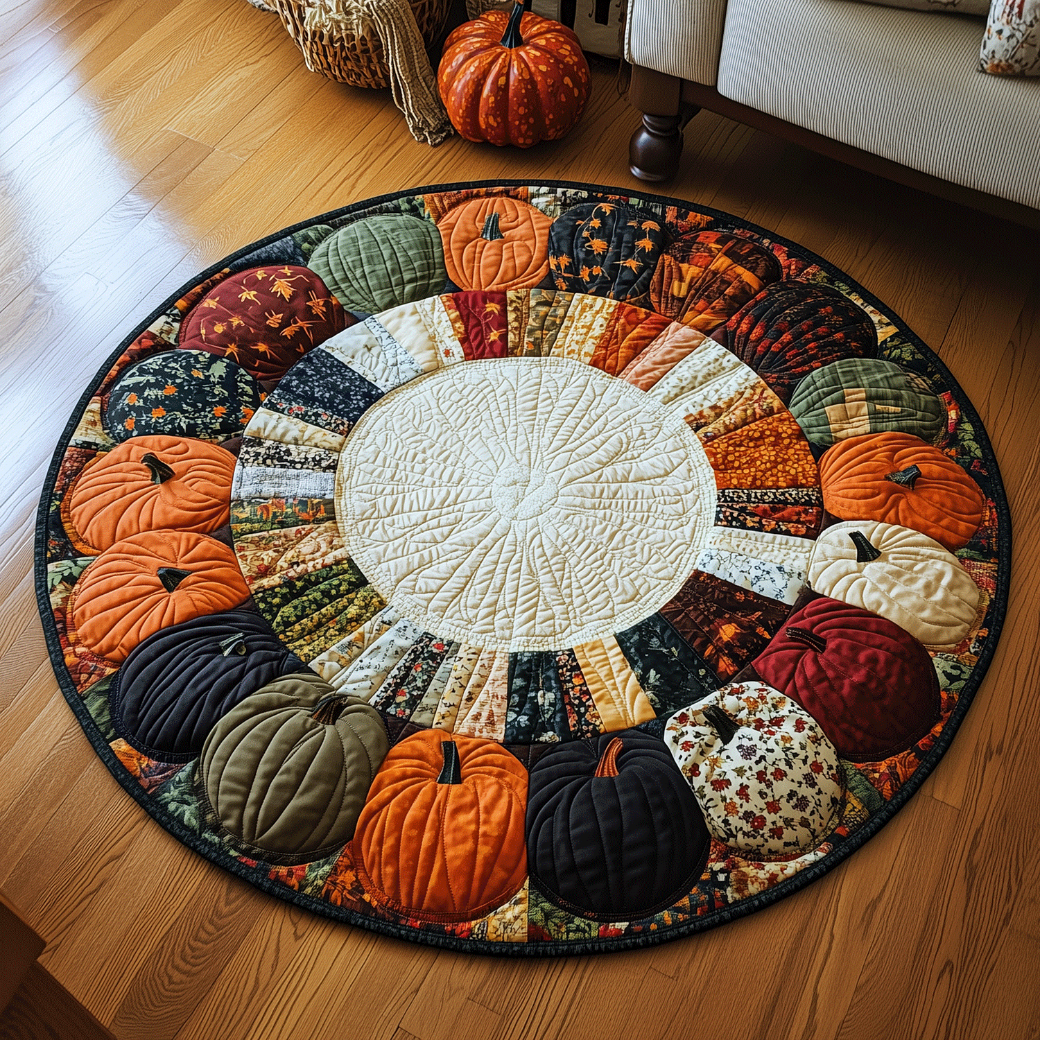 Festive Pumpkin Quilted Round Mat Round Shape Rug Halloween Birthday Gifts