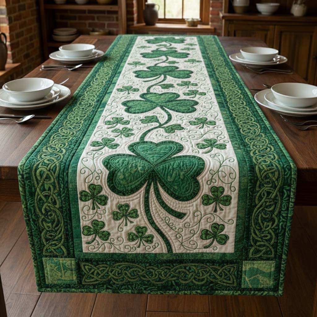 Festive Shamrock Quilted Table Runner Holiday Table Throw St Pattys Day Gifts