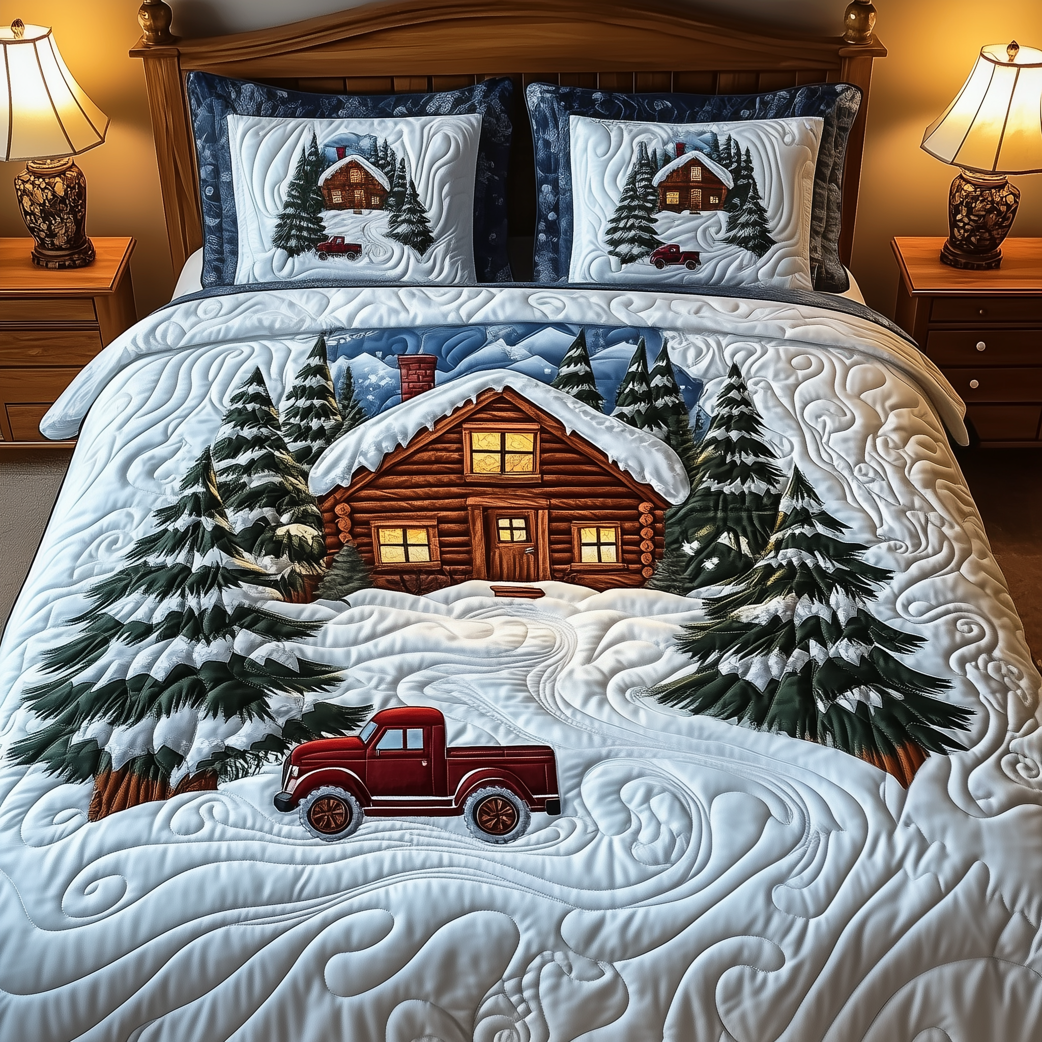 Festive Snowy Log Cabin Quilted Bedding Set Christmas Bed Decor Christmas Gift Ideas For Married Couples