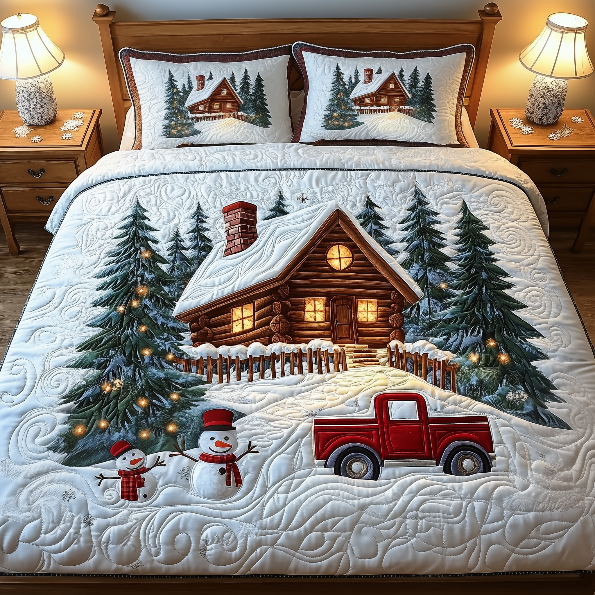 Festive Snowy Log Cabin Quilted Bedding Set Cozy Christmas Bedrooms Xmas Gifts For Couples