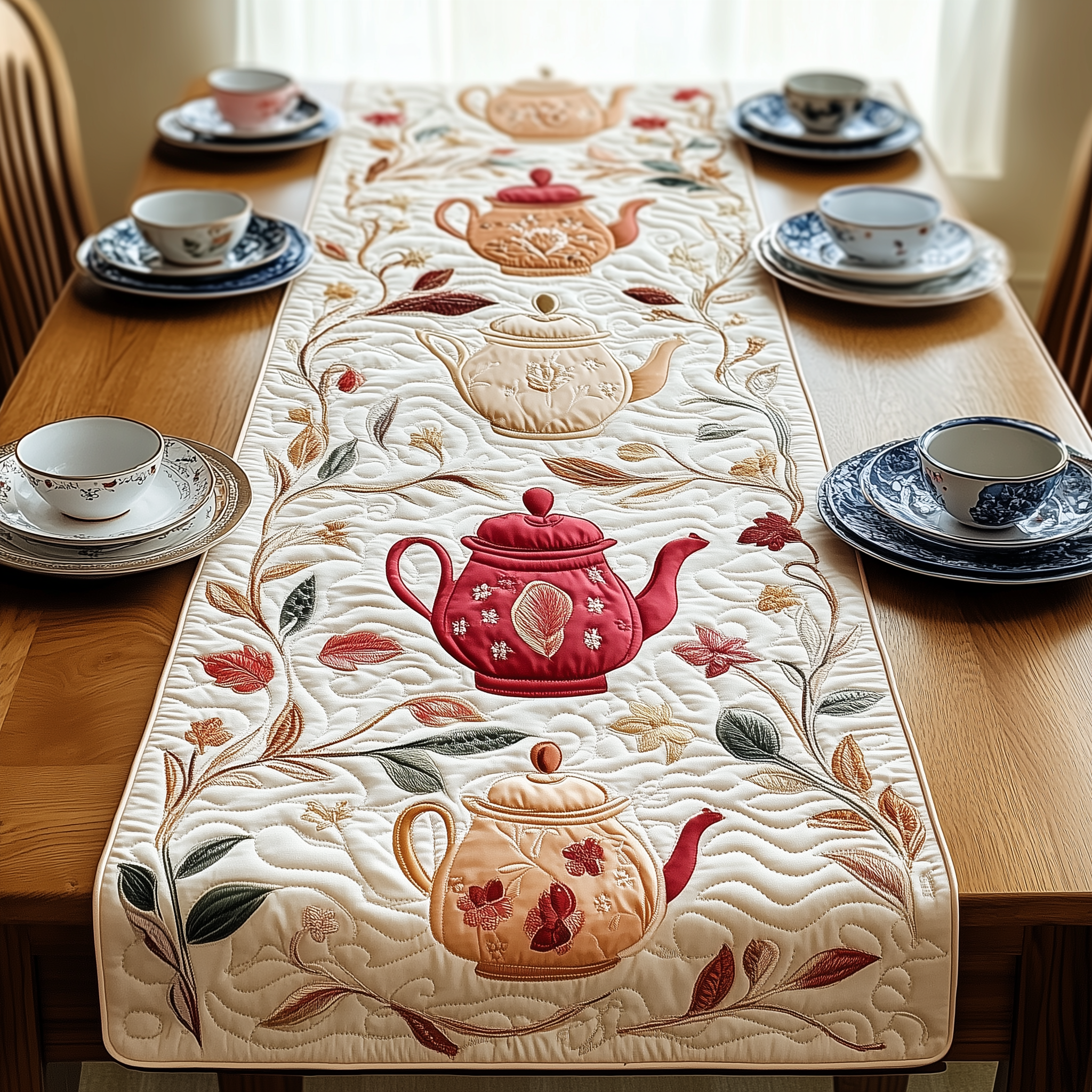 Festive Teapot Quilted Table Runner Dining Room Centerpieces Christmas Gifts For Tea Lovers