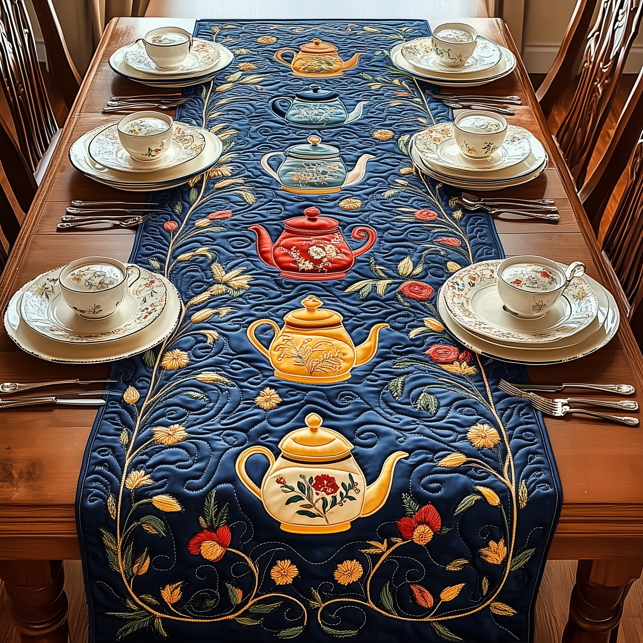 Festive Teapot Quilted Table Runner Dining Room Table Centerpieces Holiday Tea Gifts