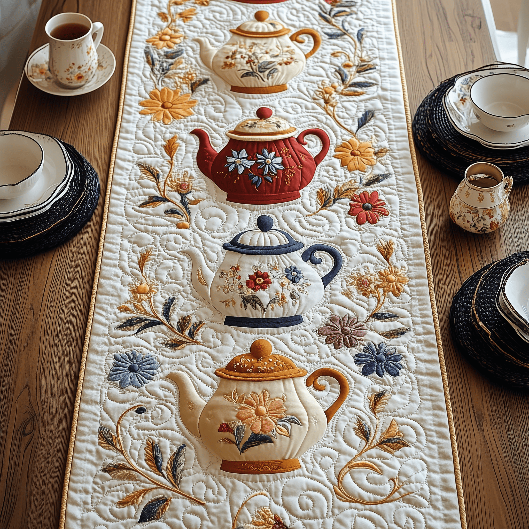 Festive Teapot Quilted Table Runner Dining Room Table Decor Ideas Tea Holiday Gifts