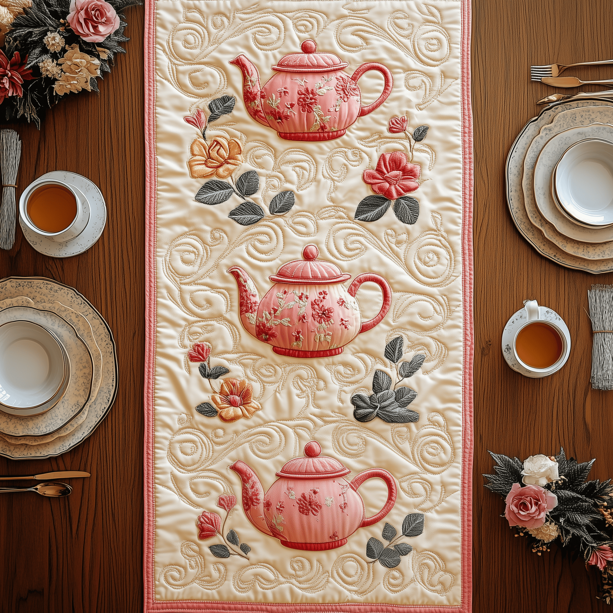 Festive Teapot Quilted Table Runner Dining Table Centerpiece Ideas Tea Holiday Gifts