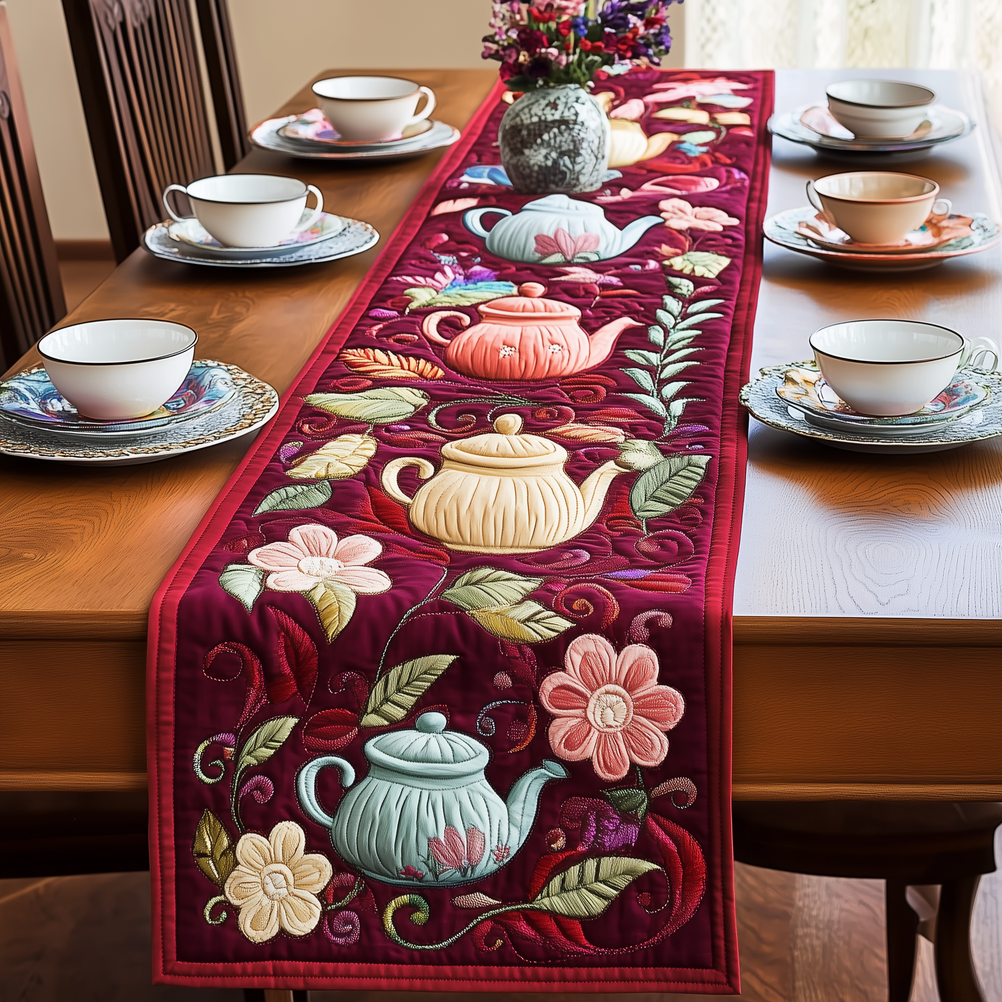 Festive Teapot Quilted Table Runner Dinner Table Runner Christmas Gifts For Tea Lovers