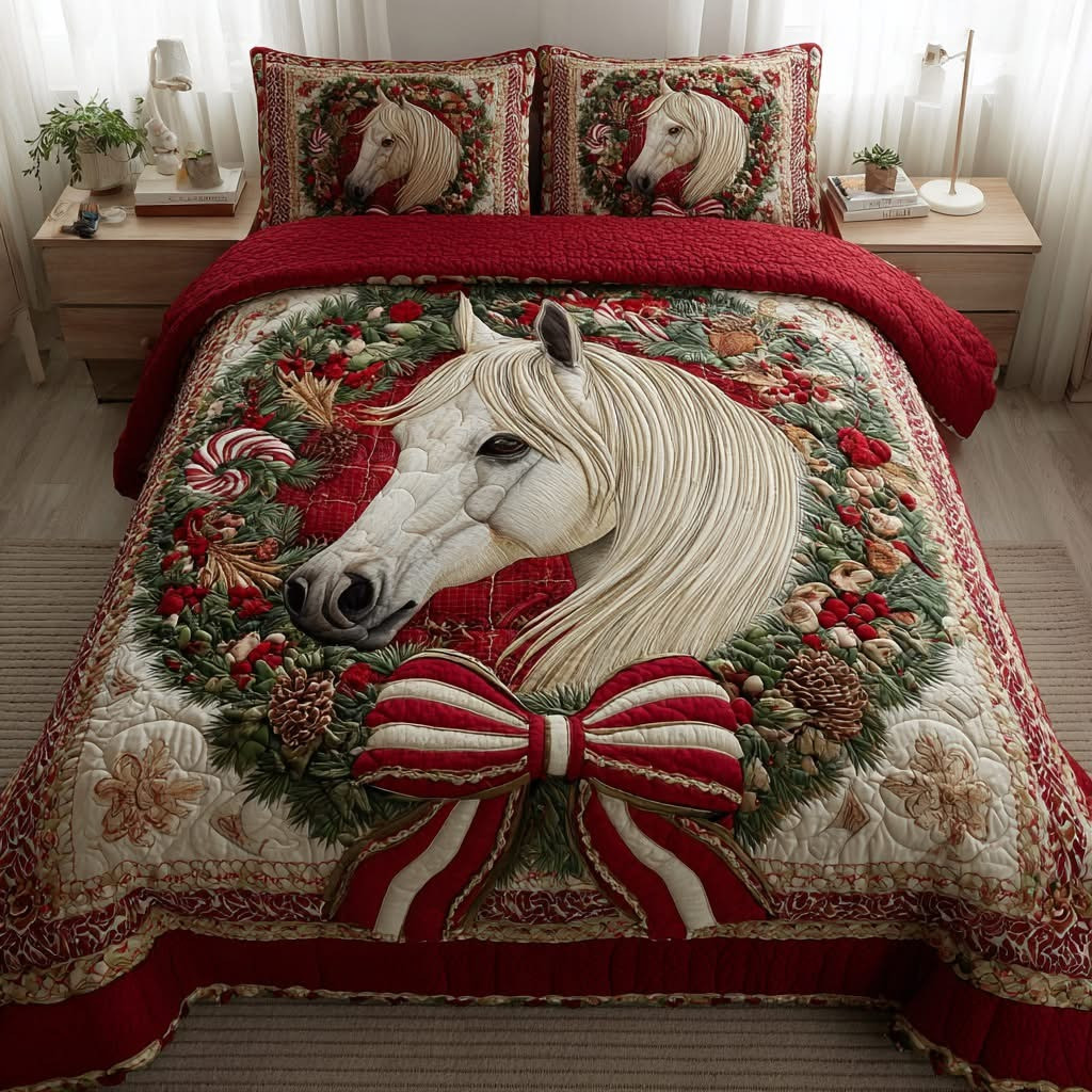 Festive White Horse Christmas Quilted Bedding Set Duvet Cover Bedspread Xmas Gift Ideas