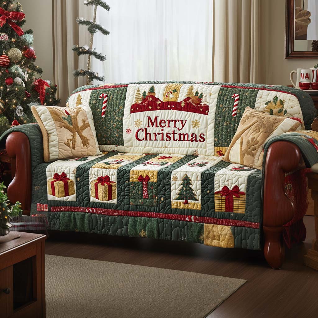 Festive Wishes Quilted Sofa Cover Christmas Living Decor Secret Santa Gifts