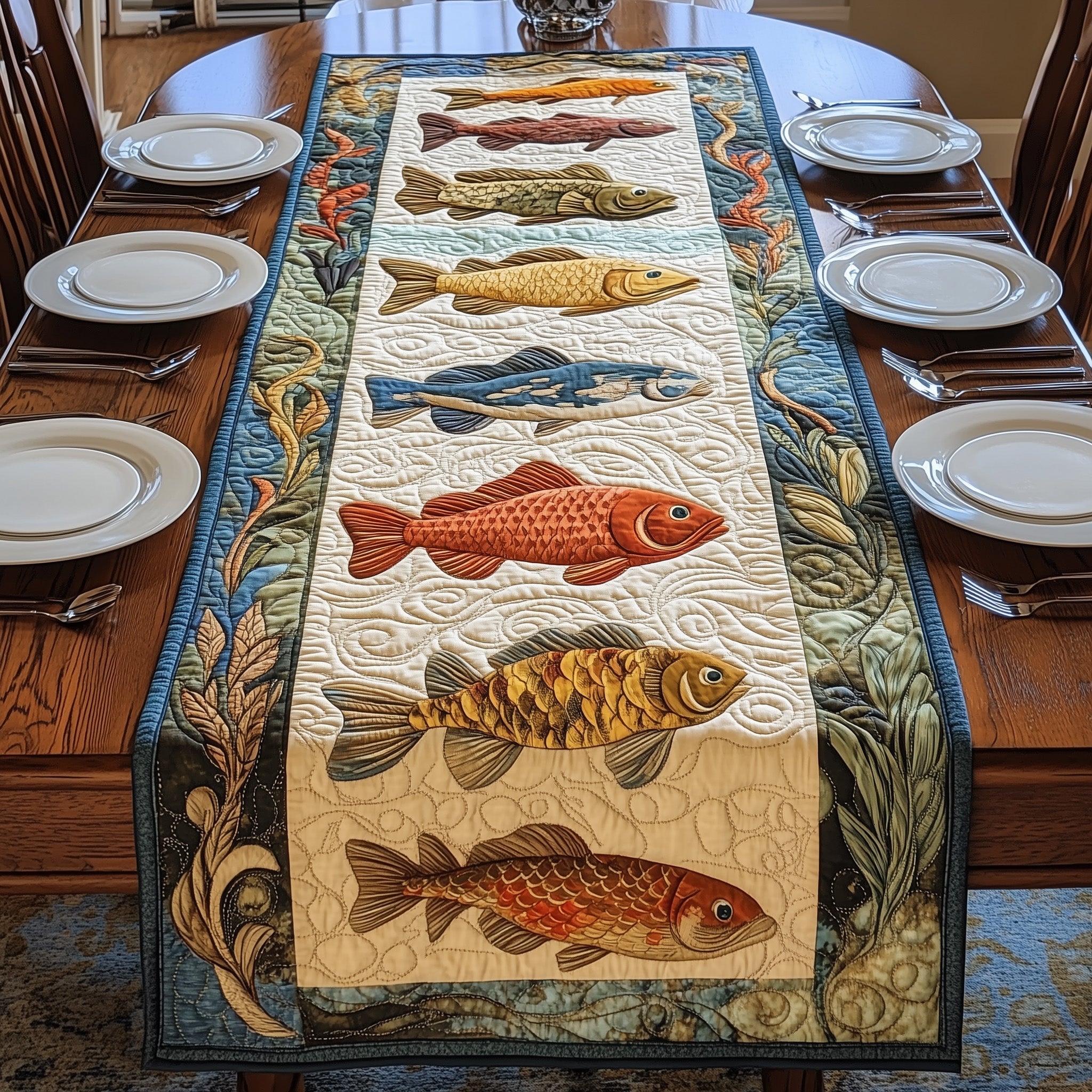 Fish Paradise Quilted Table Runner Dining Room Table Centerpieces Fishing Presents For Him