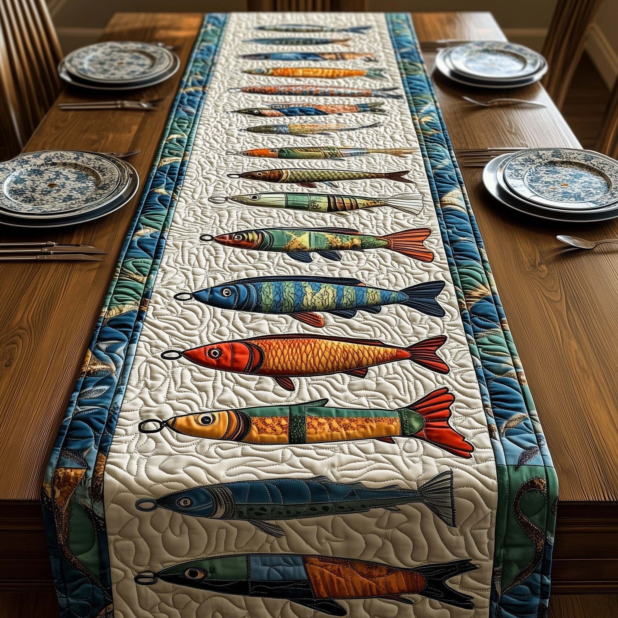 Fishing Delights Quilted Table Runner Beach Style Table Runner Fishing Items For Lovers