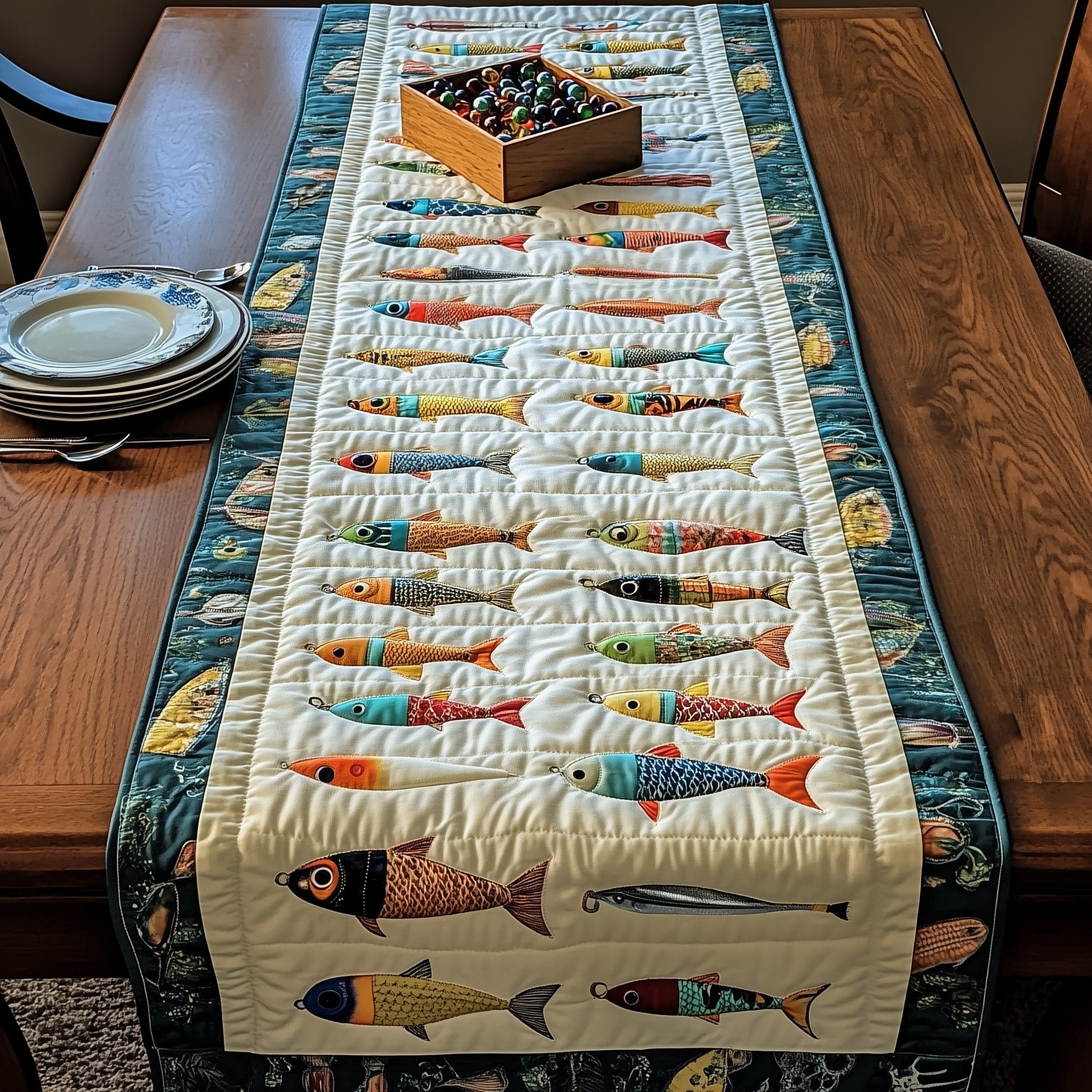 Fishing Delights Quilted Table Runner Beach Table Runner Unique Gifts For Fishermen