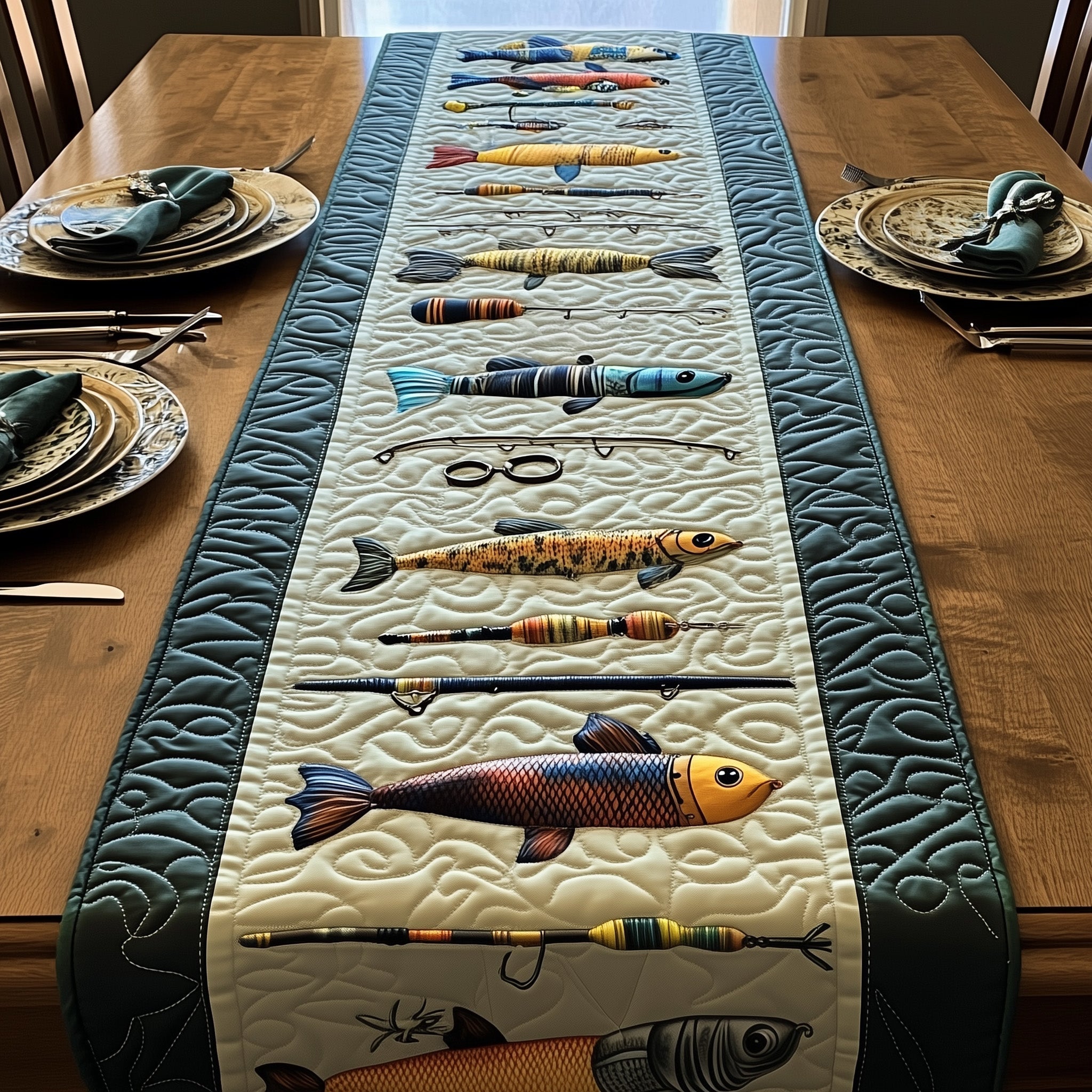 Fishing Delights Quilted Table Runner Beach Theme Table Runner Fishing Gift Ideas For Him